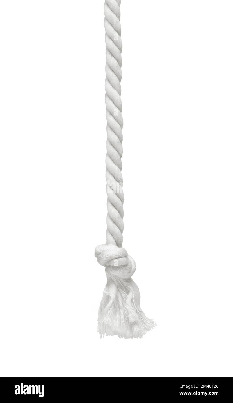 White color braided rope with frayed knot hanging against white background Stock Photo