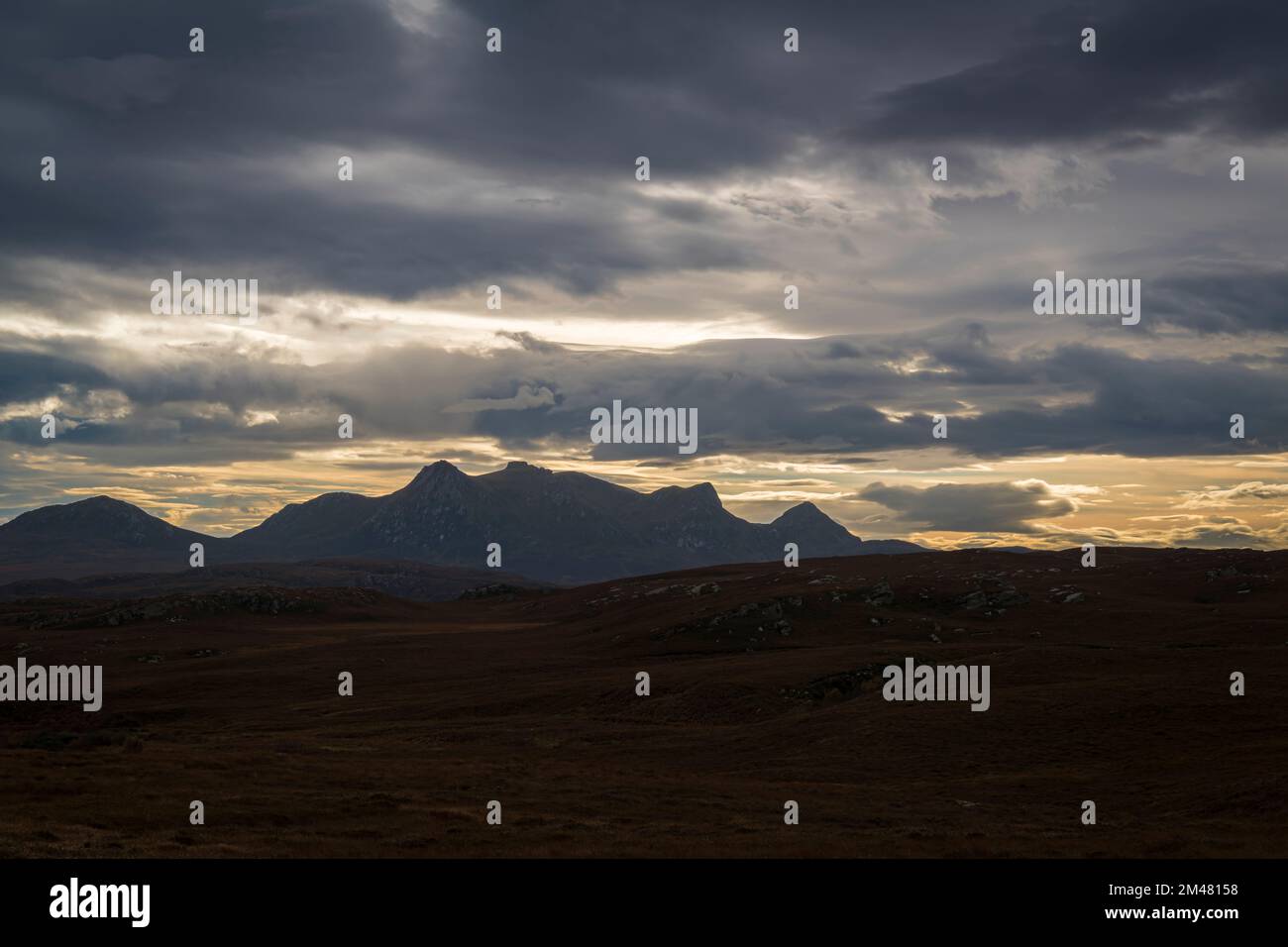 An autumnal HDR of the ridgeline of Foinaven, a mountain which had a famous racehorse named after it, Sutherland, Scotland. 31 October 2022 Stock Photo