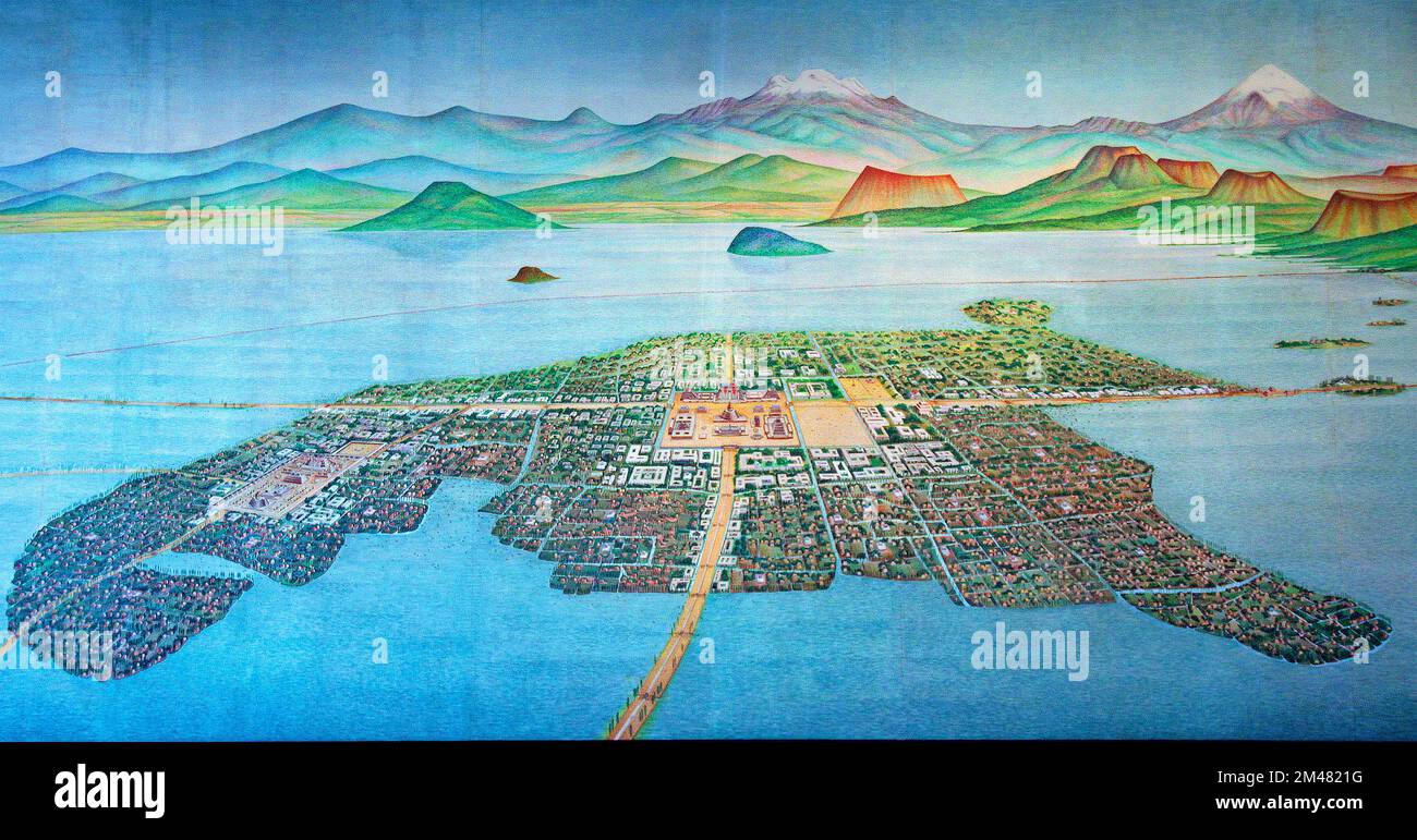 Painting of Tenochtitlan on Lake Texcoco in 1519 Stock Photo
