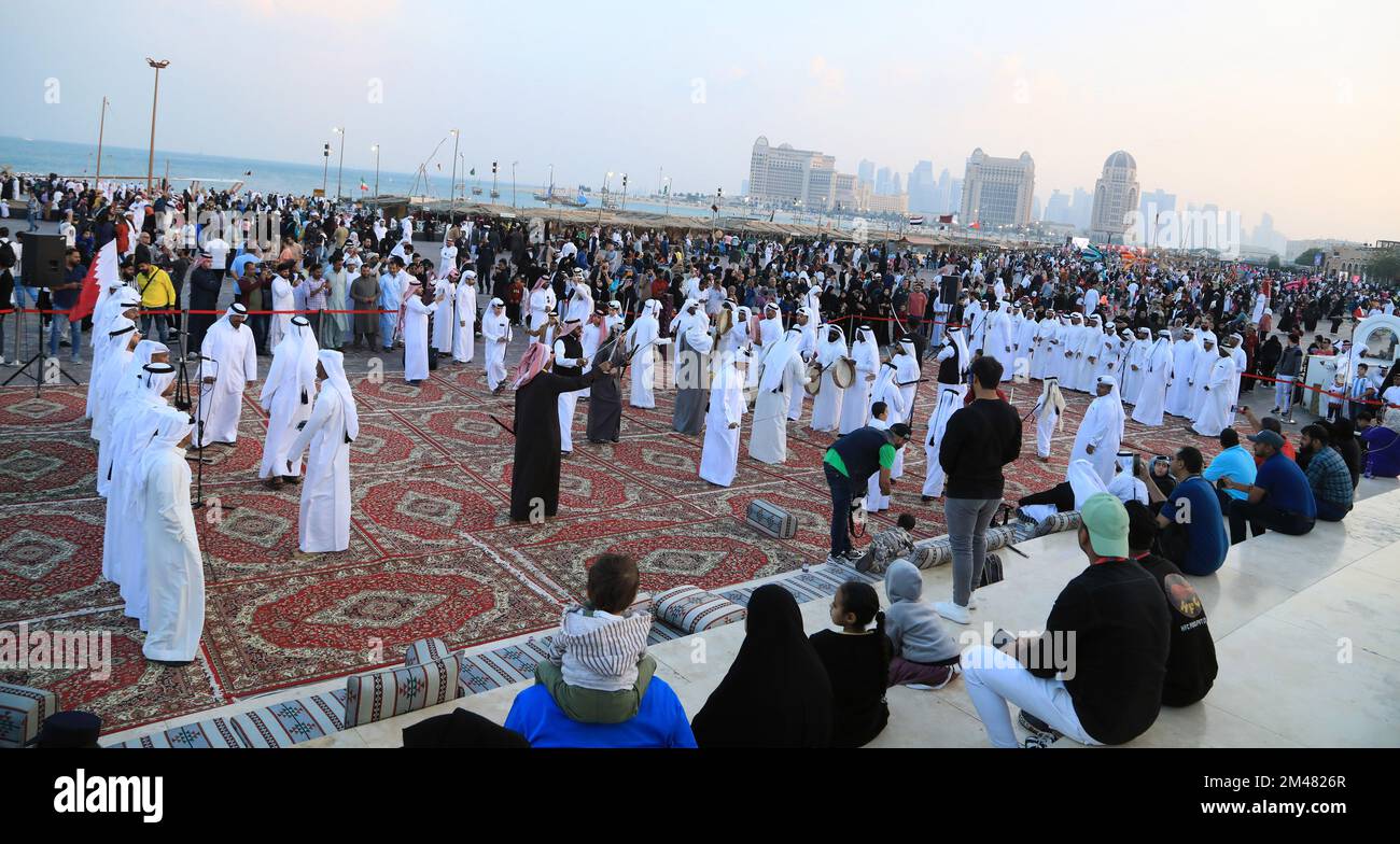 Doha, Qatar. 18th Dec, 2022. December 18, 2022, Doha, Qatar: Qatari persons during the celebration of the National Day and the final match between Argentina and France in the FIFA World Cup. celebrations and activities were held in various places of the country including Katara, Corniche and the town of Umm Salal Mohammed. on December 18, 2022 in Doha, Qatar. (Photo by Sidhik Keerantakath/ Eyepix Group/Sipa USA) Credit: Sipa USA/Alamy Live News Stock Photo