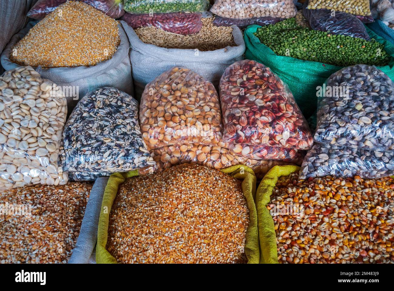 Variety of corn at peruvian popular market, Peru Stock Photo