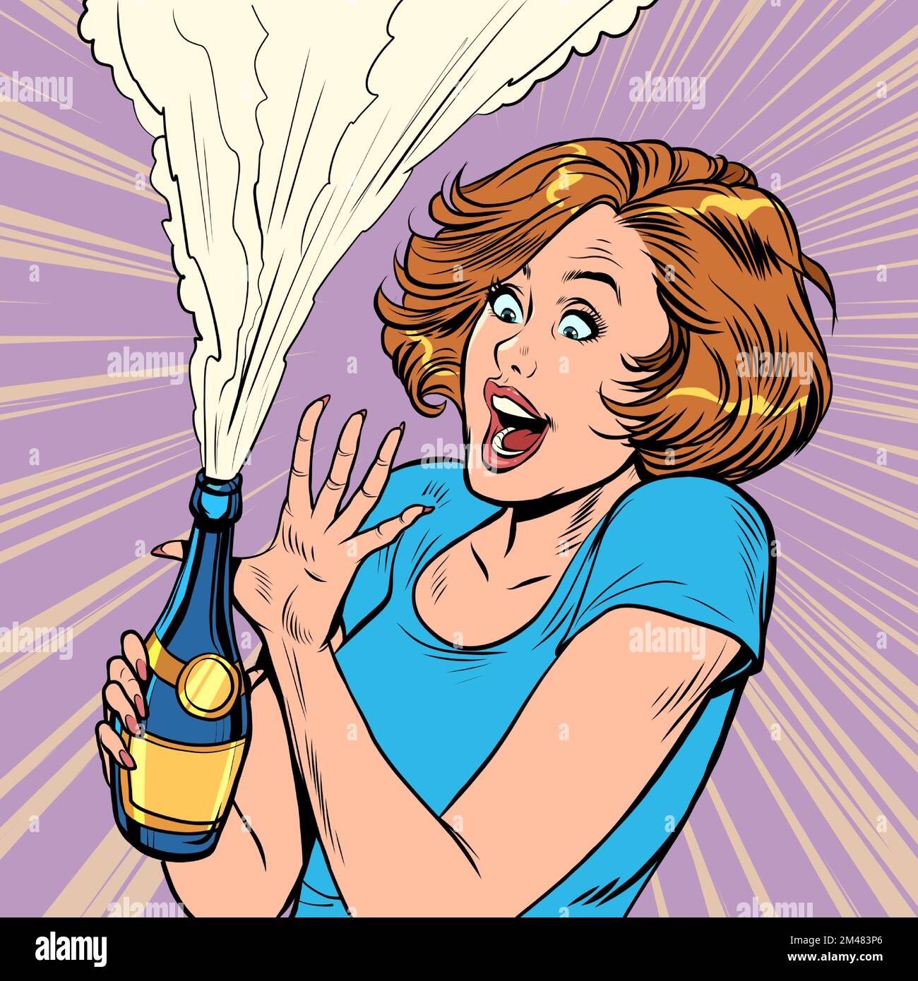 Woman opens a bottle of champagne, celebration Stock Vector