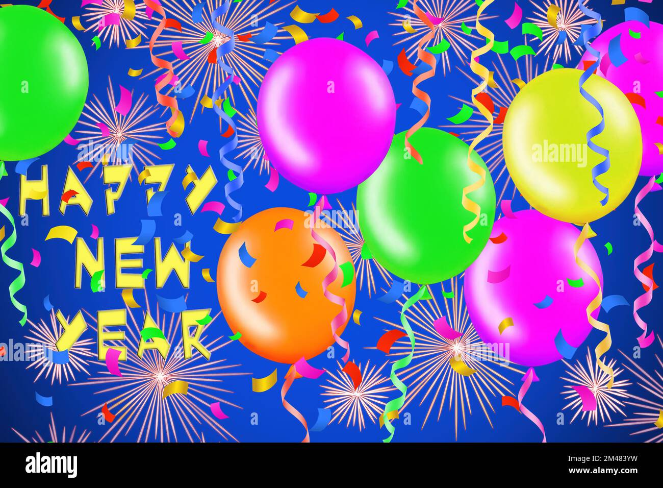 3d rendering of Happy New Year celebration with balloons and streamers decoration Stock Photo