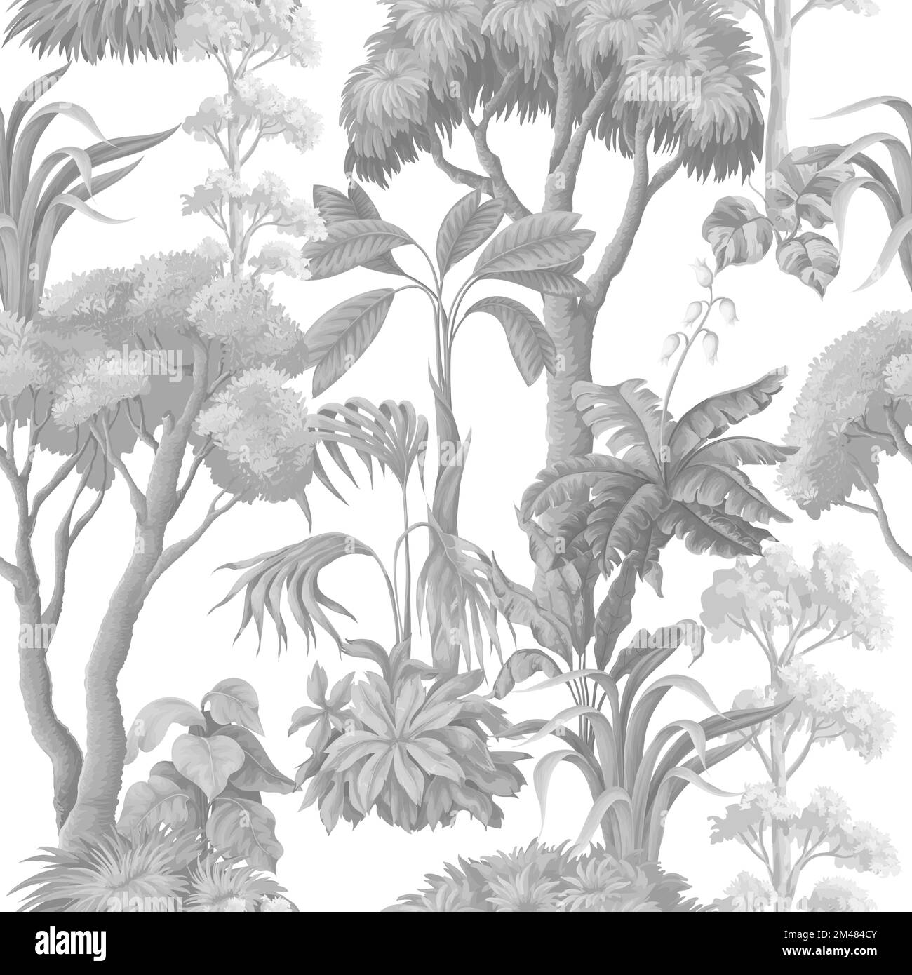 Seamless pattern with monochrome jungle trees and plant. Vector. Stock Vector