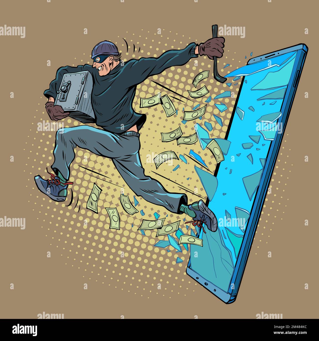 A thief steals electronic money through a smartphone. Internet fraud, data theft by hackers Stock Vector