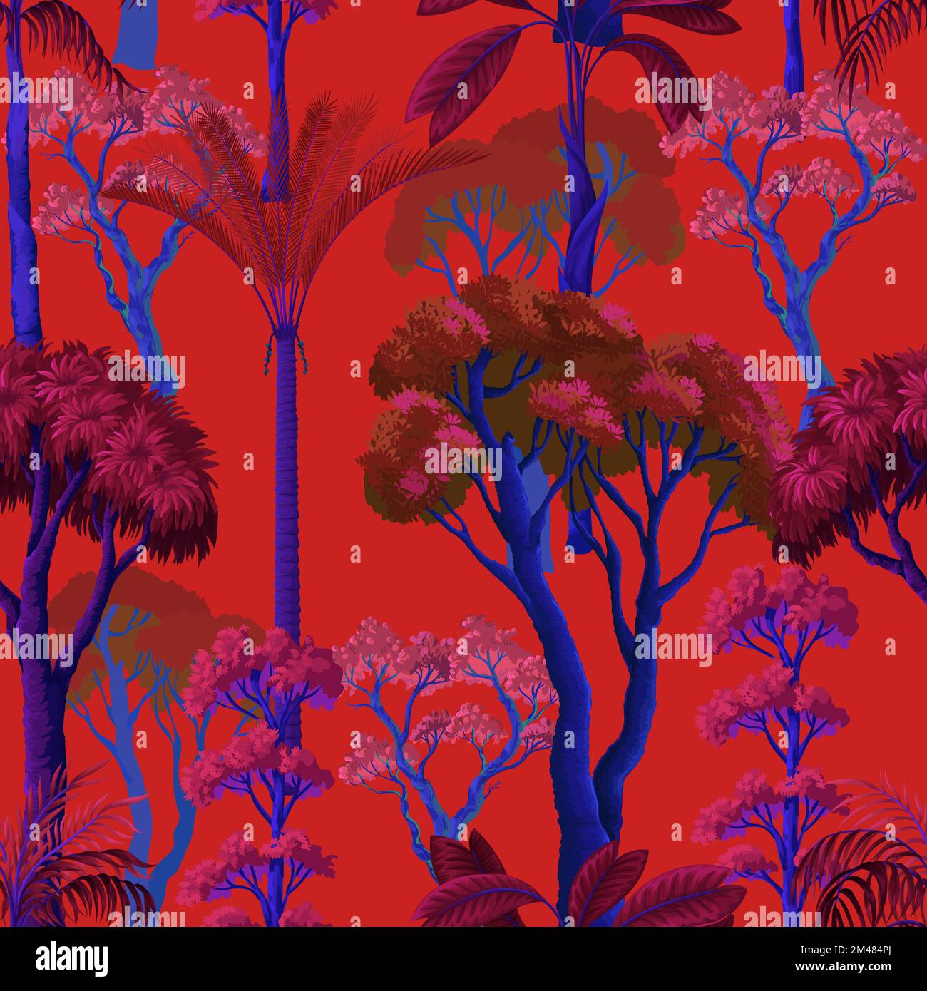 Seamless pattern with vivid trees and plants. Vector interior print. Stock Vector