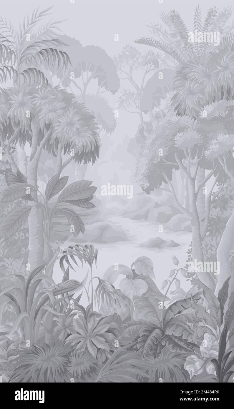 Monochrome jungle landscape. Vector interior print. Stock Vector