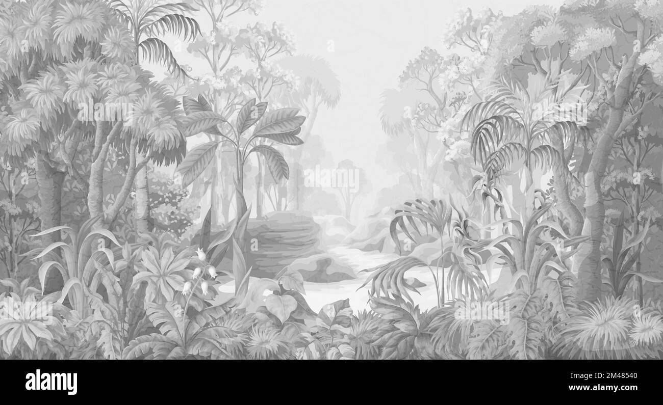 Monochrome jungle landscape. Vector interior print. Stock Vector