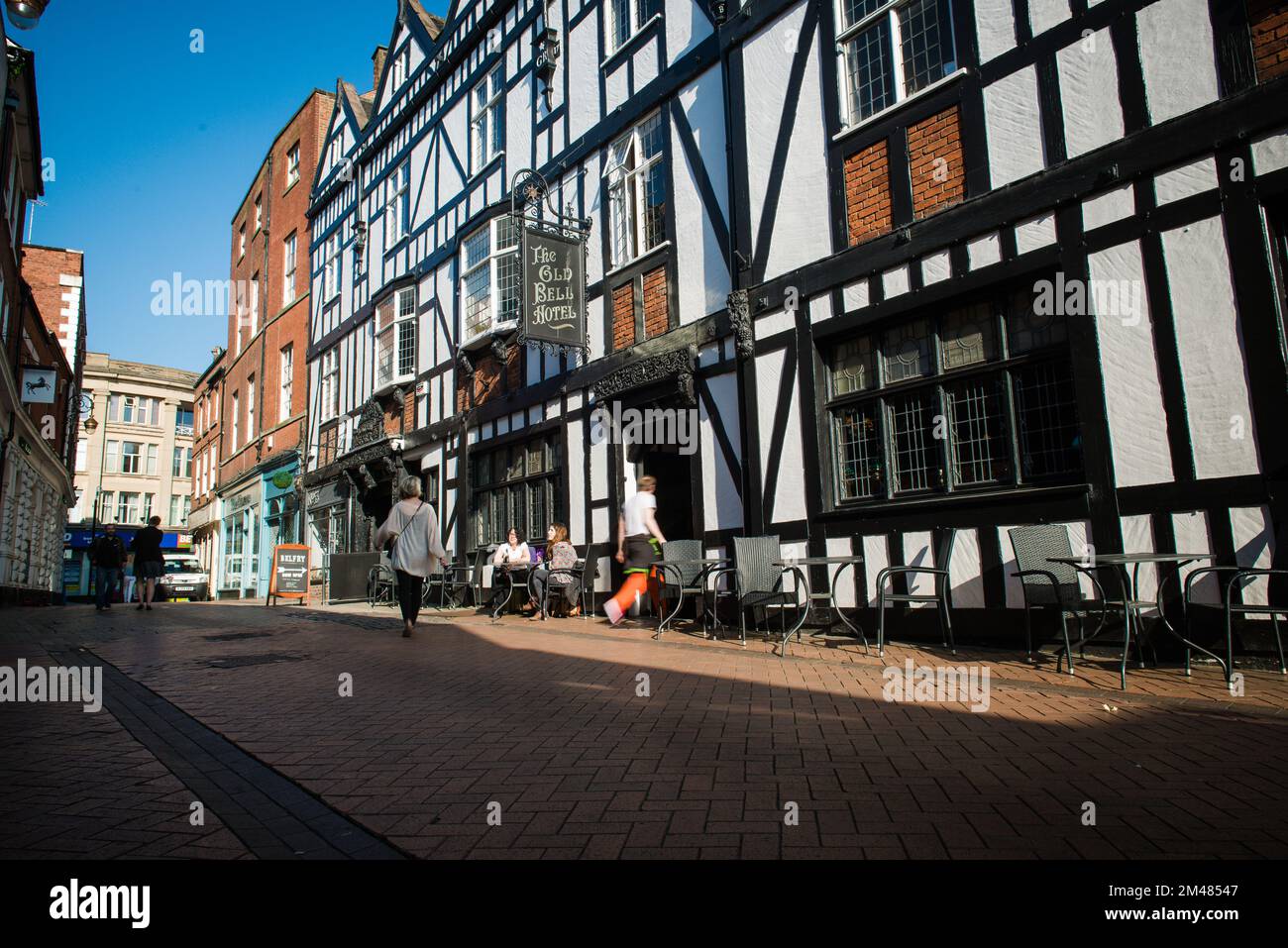 The old bell hotel, public house on sadlergate, derby, england. tudor architecture Stock Photo
