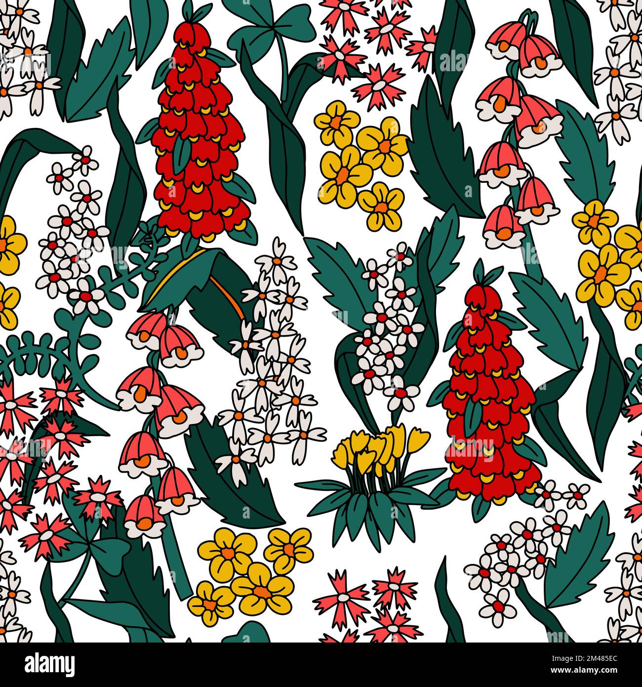 Seamless pattern with big flowers in hippie style. Vector. Stock Vector