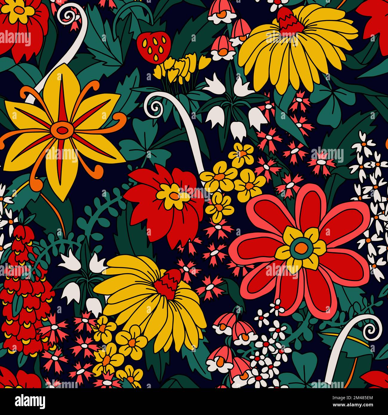 Seamless pattern with big flowers in hippie style. Vector. Stock Vector
