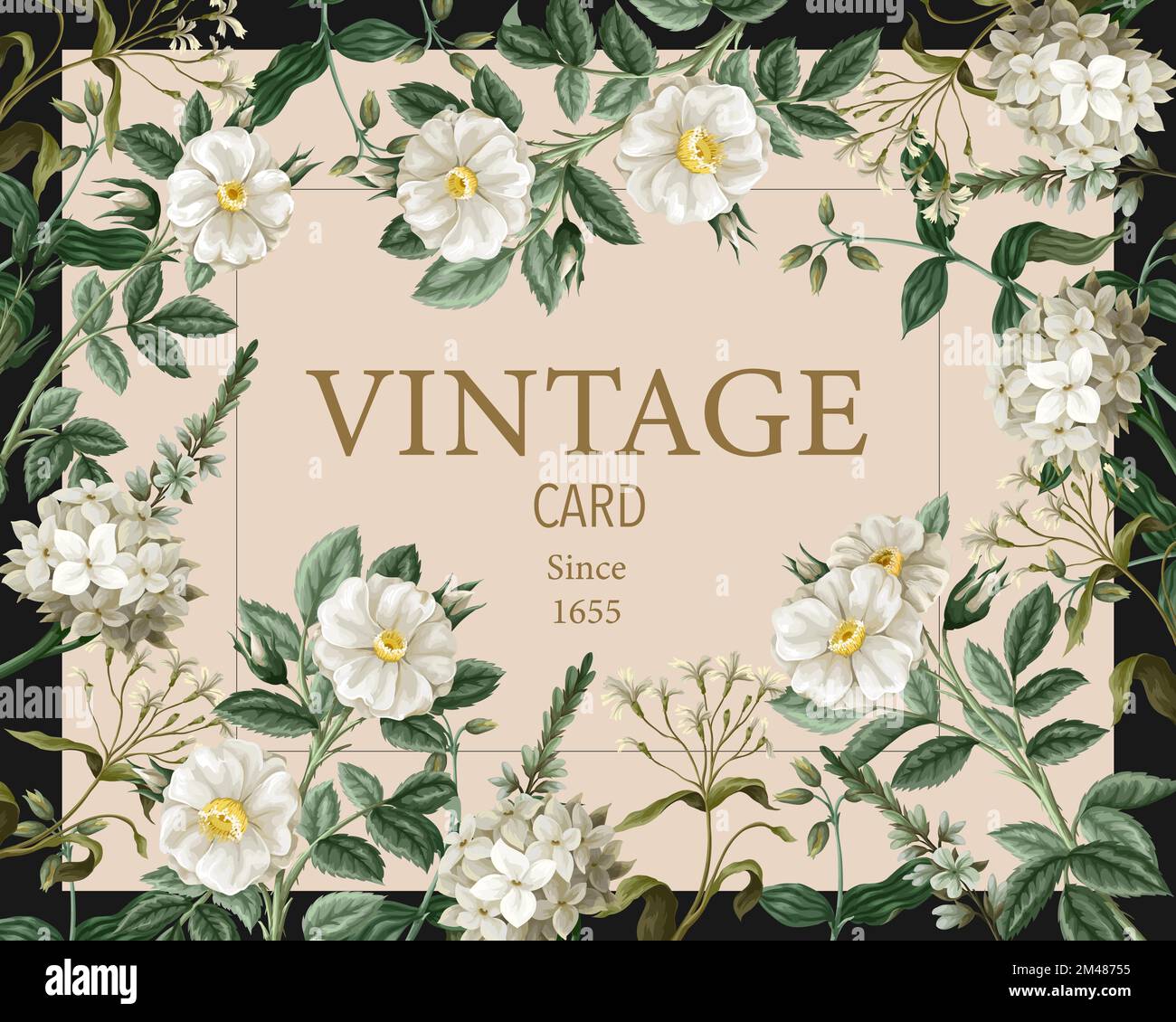 Card with botanical white roses in vintage style. Vector Stock Vector ...