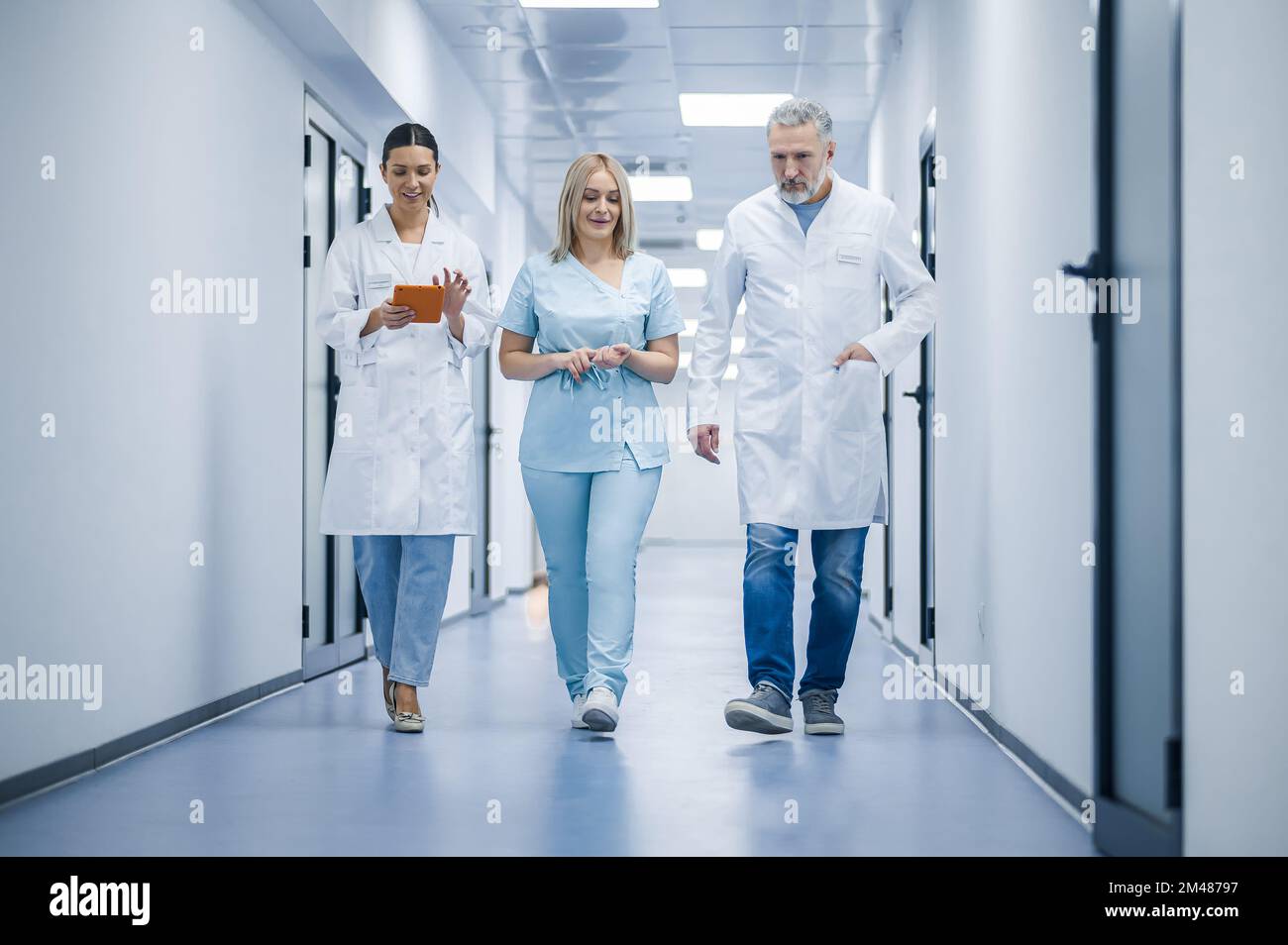 Group of doctors in the clinic corridor Stock Photo