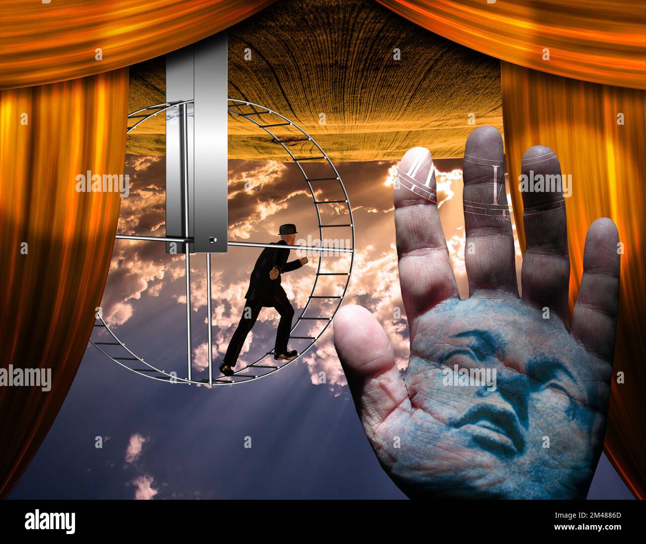 Inverted world and man on hamster wheel. 3D rendering Stock Photo