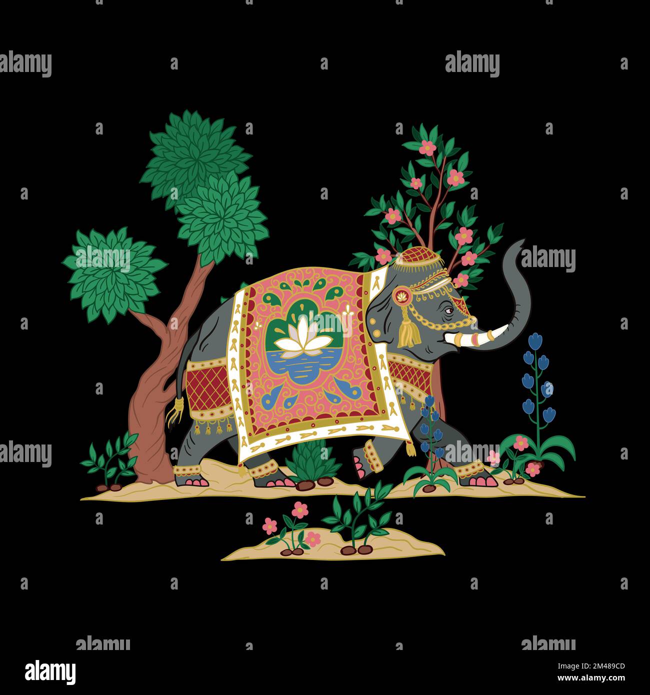 Indian elephant with trees and plants isolated. Vector Stock Vector