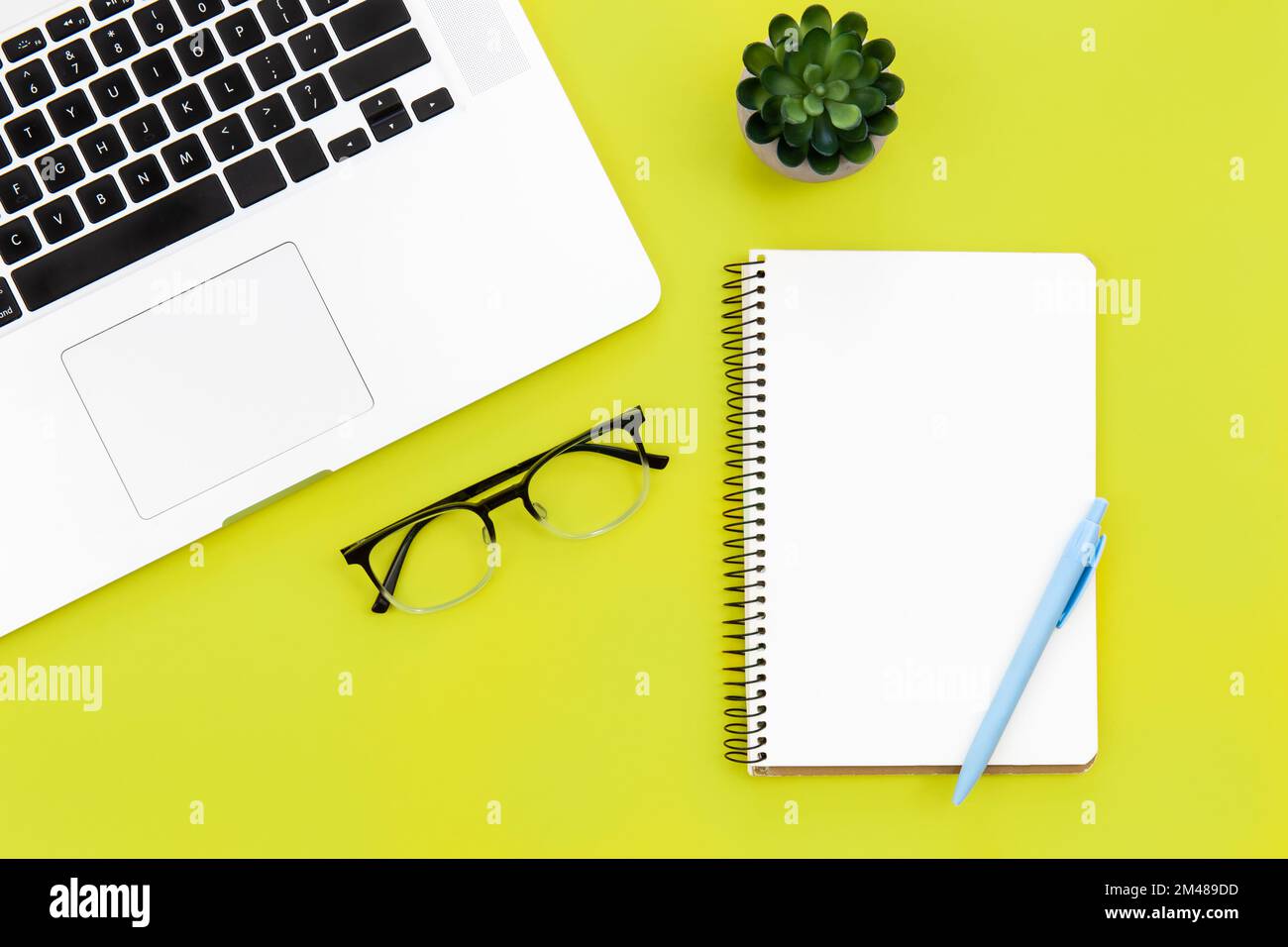Laptop, glasses and blank notepad on green background, flat lay. Stock Photo