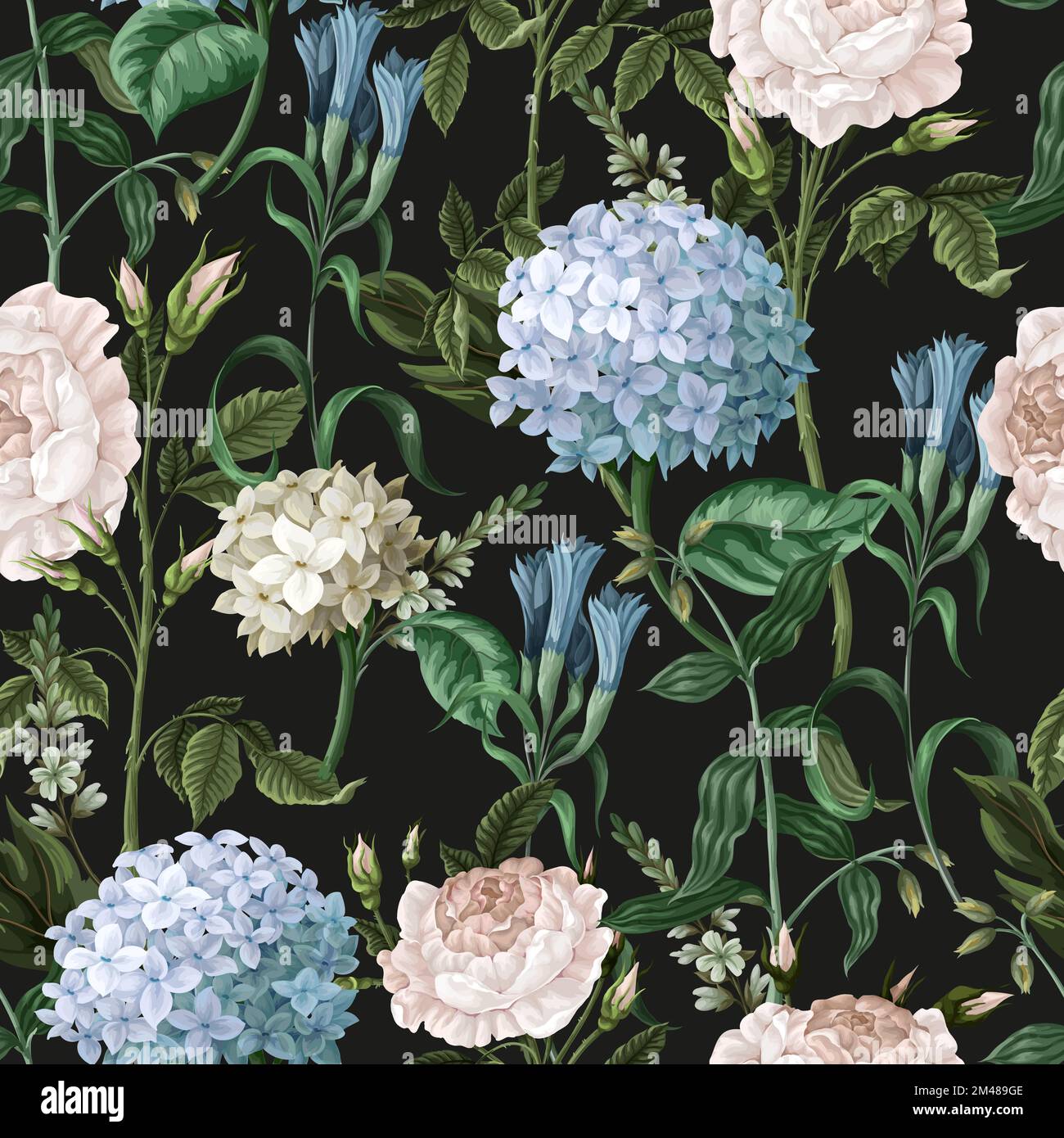 Seamless pattern with hydrangeas and roses. Vector. Stock Vector