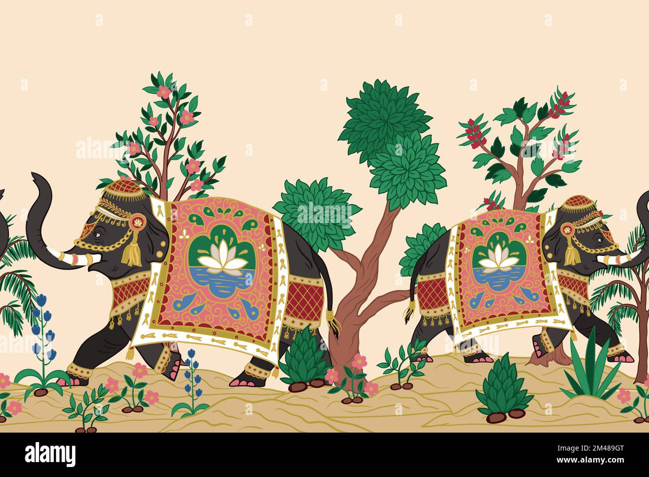 Border with Indian elephants and decorative elements. Vector. Stock Vector