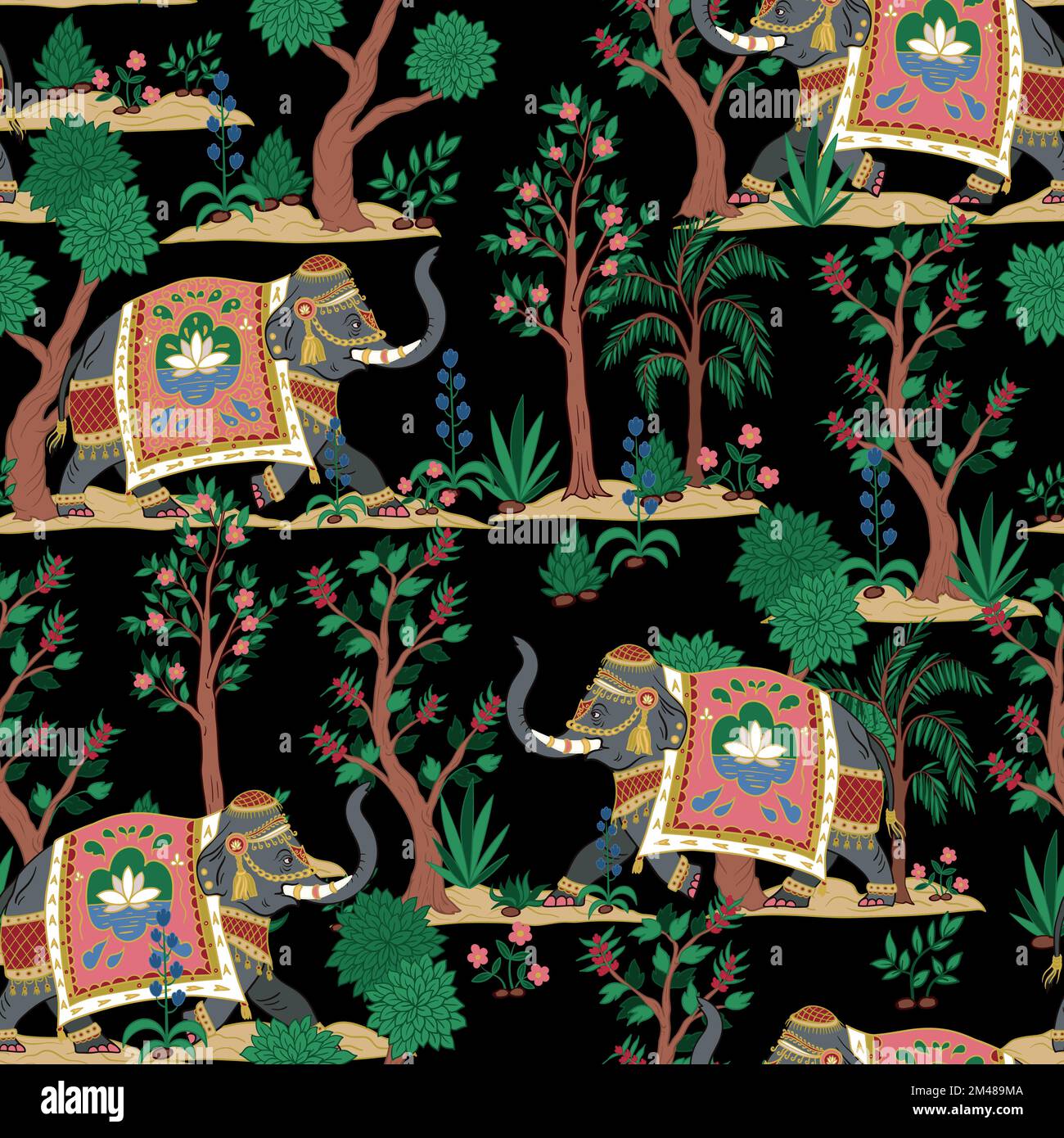 Seamless pattern with Indian elephants and decorative elements. Vector. Stock Vector