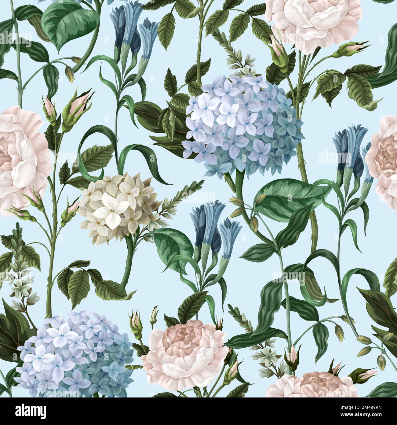 Seamless pattern with hydrangeas and roses. Vector. Stock Vector