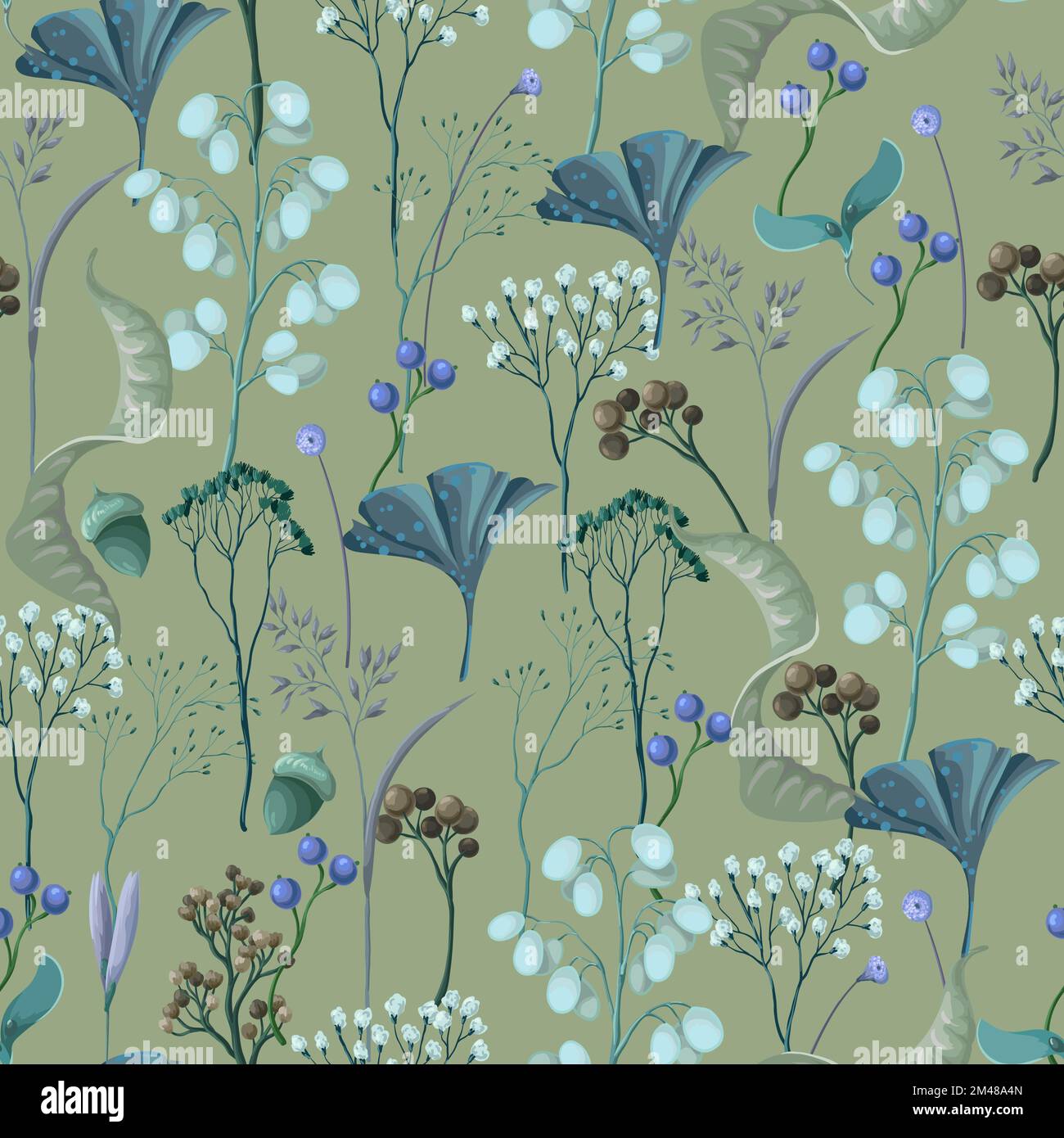 Seamless pattern with autumn leaves and dried plants. Vector. Stock Vector