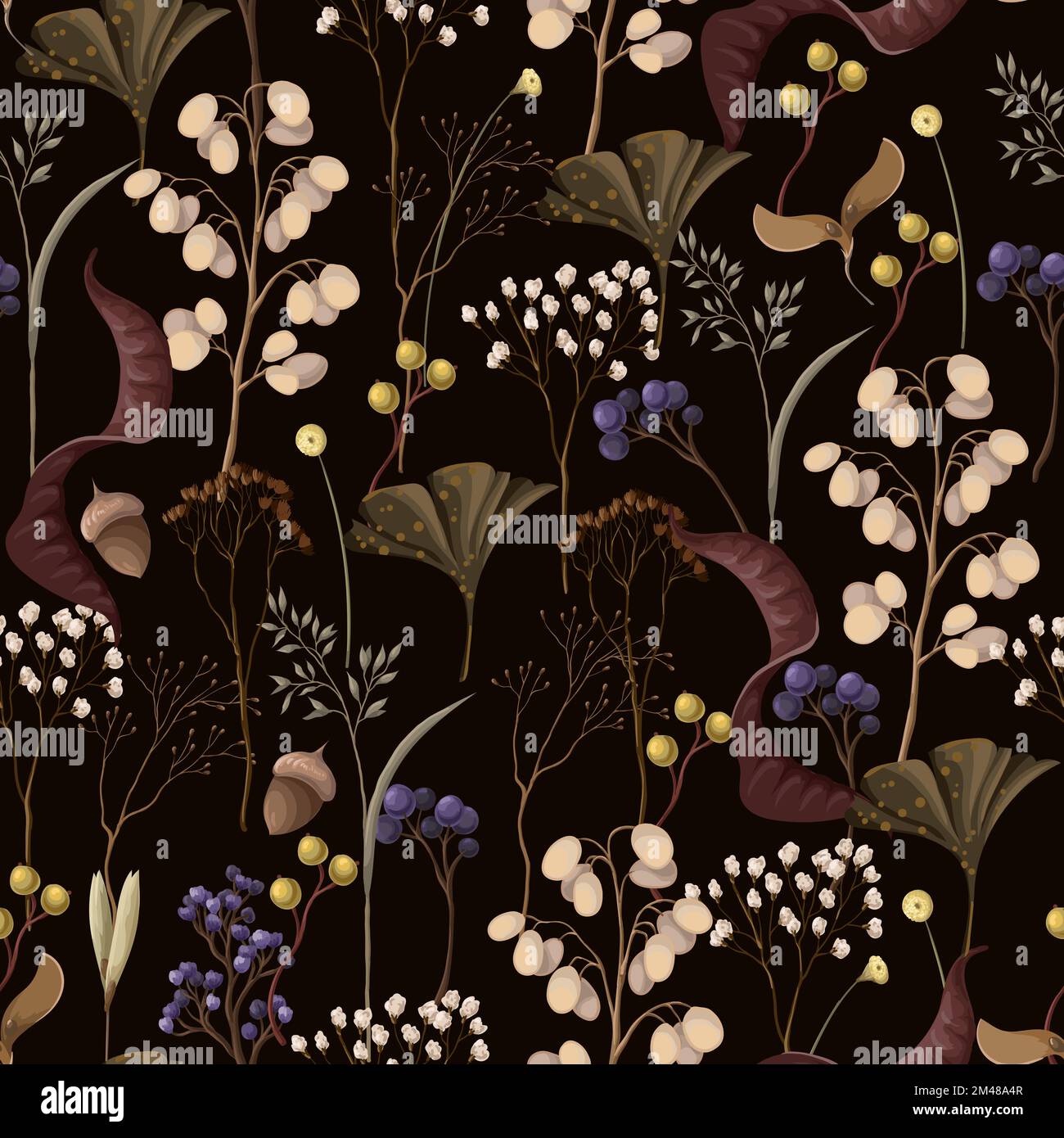 Seamless pattern with autumn leaves and dried plants. Vector. Stock Vector