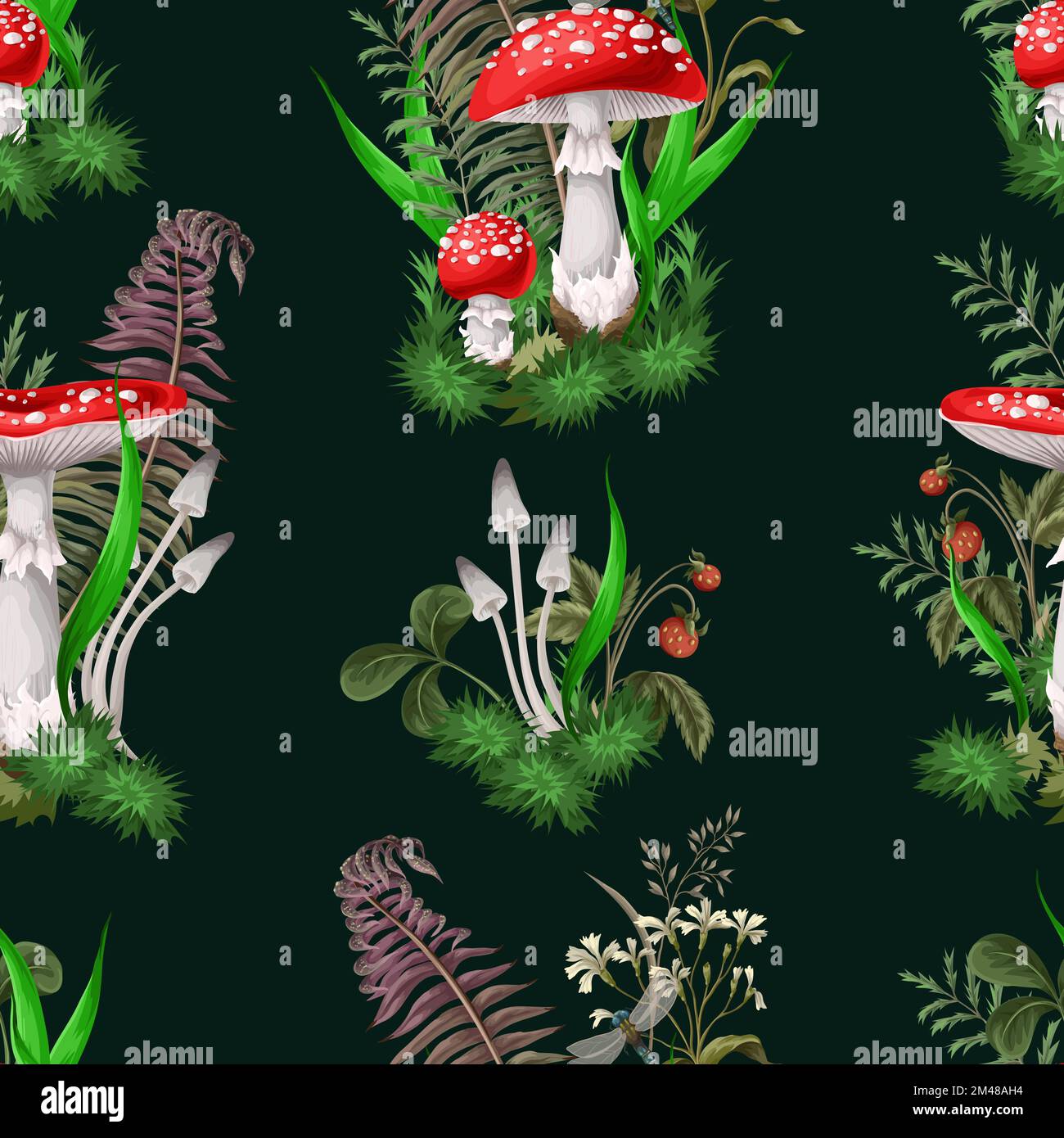 Seamless pattern with fly agaric, other mushrooms and plants. Vector ...