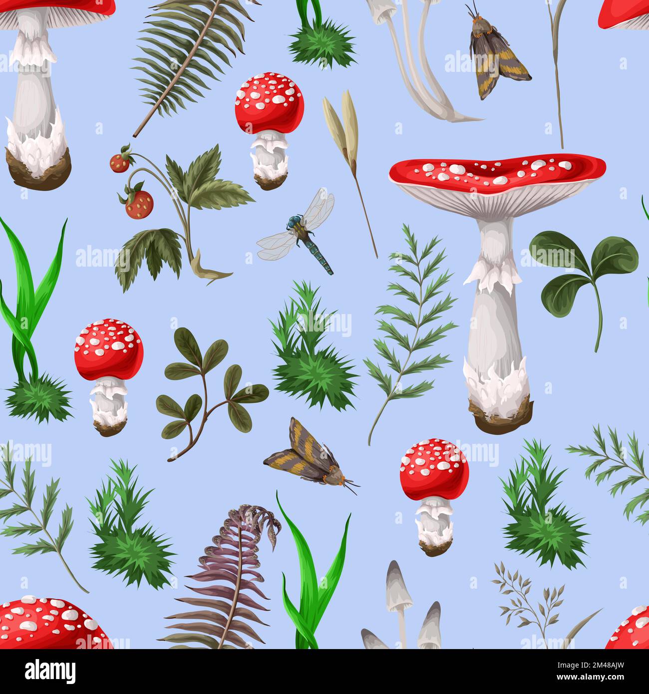 Seamless pattern with fly agaric, other mushrooms and plants. Vector ...