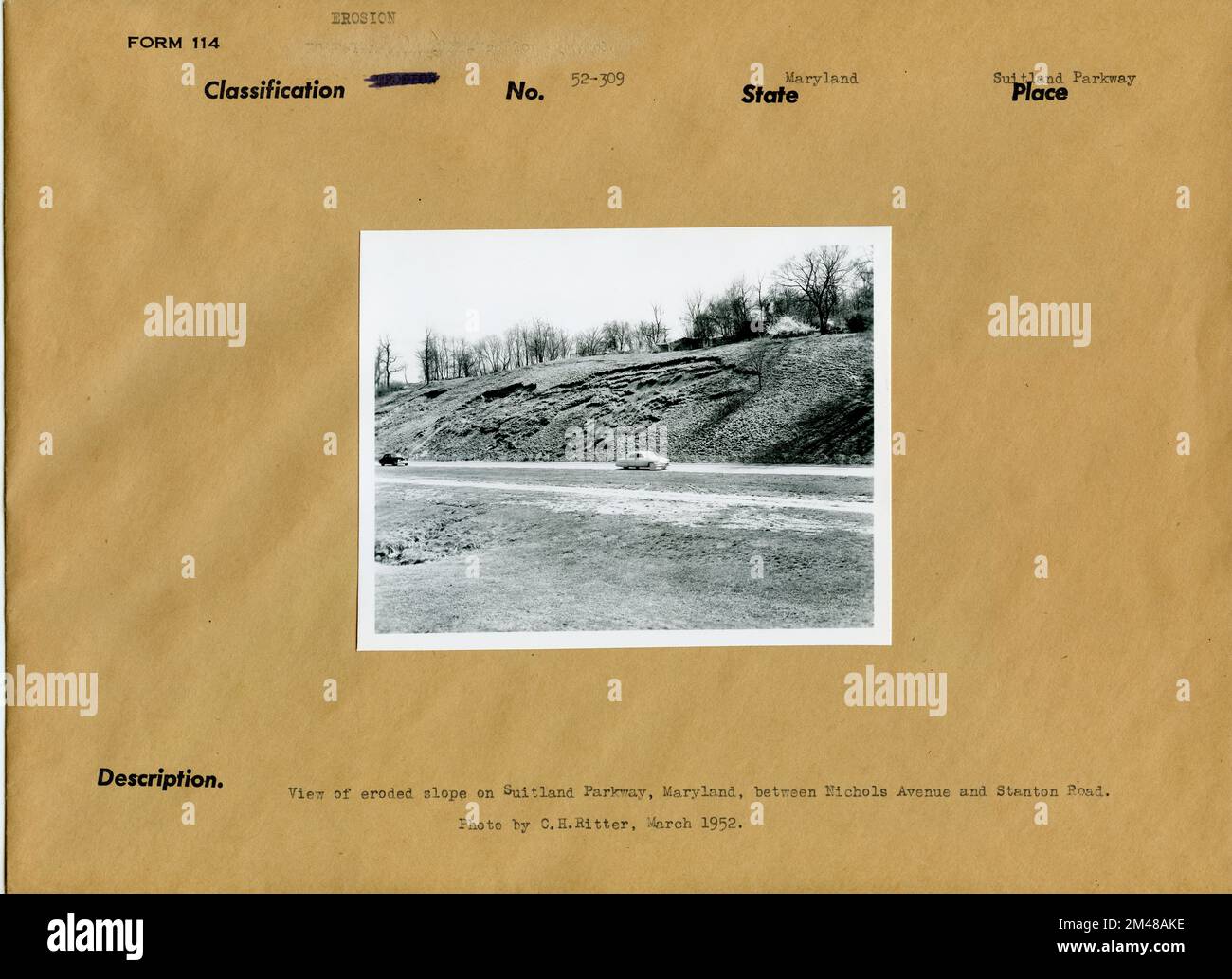 Eroded slope on Suitland Parkway. Original caption View of eroded