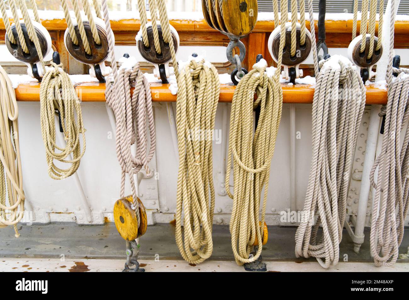 Rigging (rope) on a historic sailing ship in winter Stock Photo - Alamy
