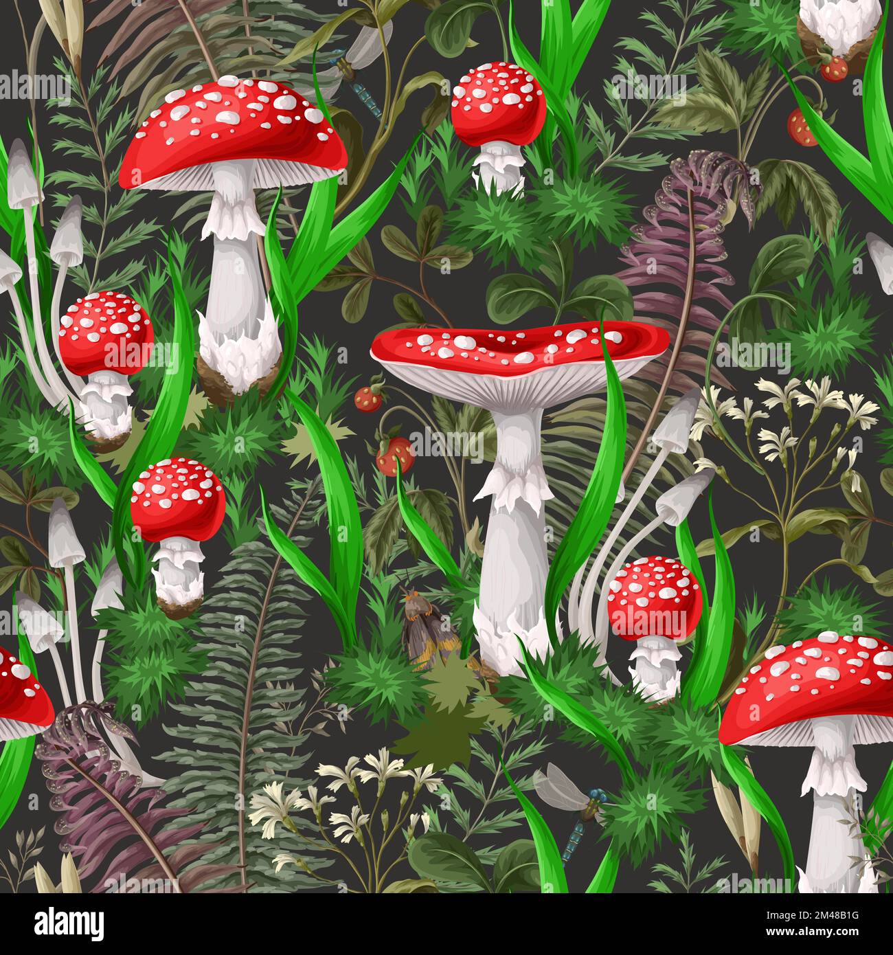 Seamless pattern with fly agaric, other mushrooms and plants. Vector ...