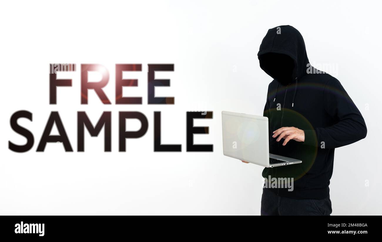 Hand writing sign Free Sample. Business idea portion of products given