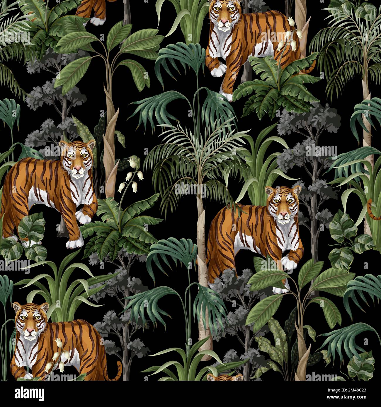 Seamless Pattern With Tiger And Jungle Trees Vector Stock Vector Image