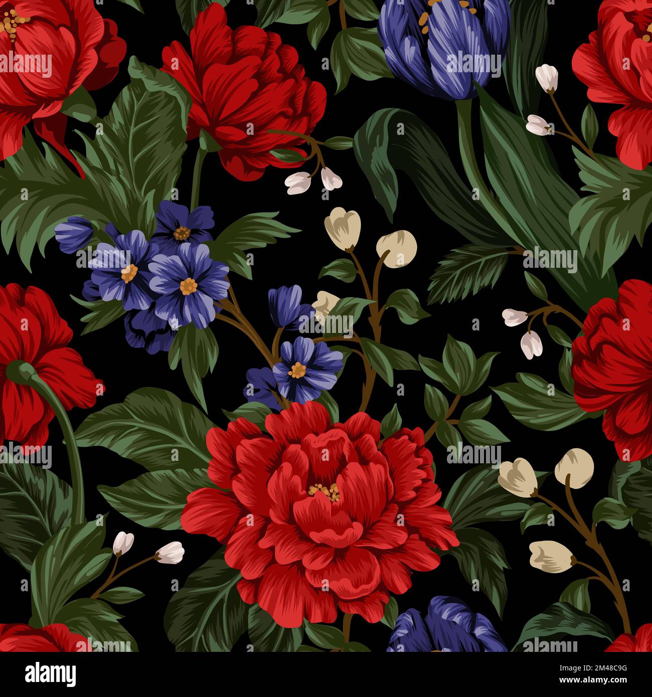 Seamless pattern with red peonies and small flowers. Vector. Stock Vector