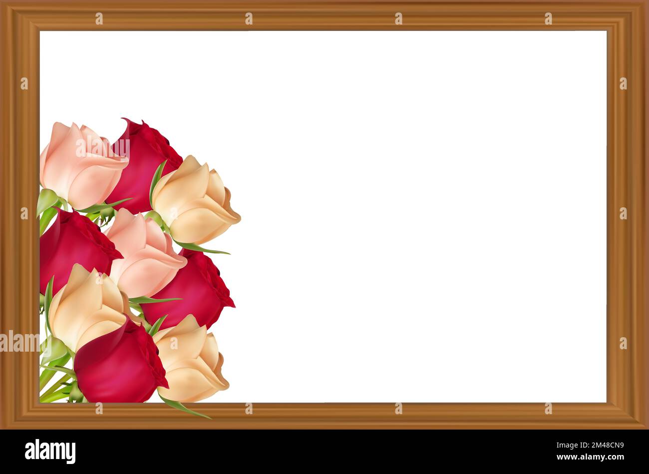 Pink, red and white roses in a wooden frame on a white background with copy space. Concept of mother's day, valentine's day, women's day. Vector image. Stock Vector