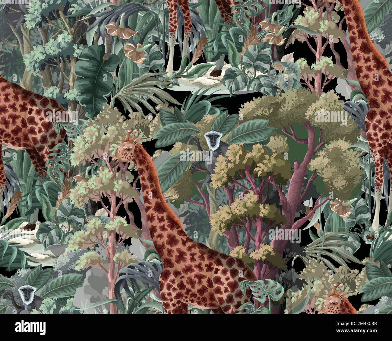 Seamless pattern with giraffe and jungle trees. Vector. Stock Vector