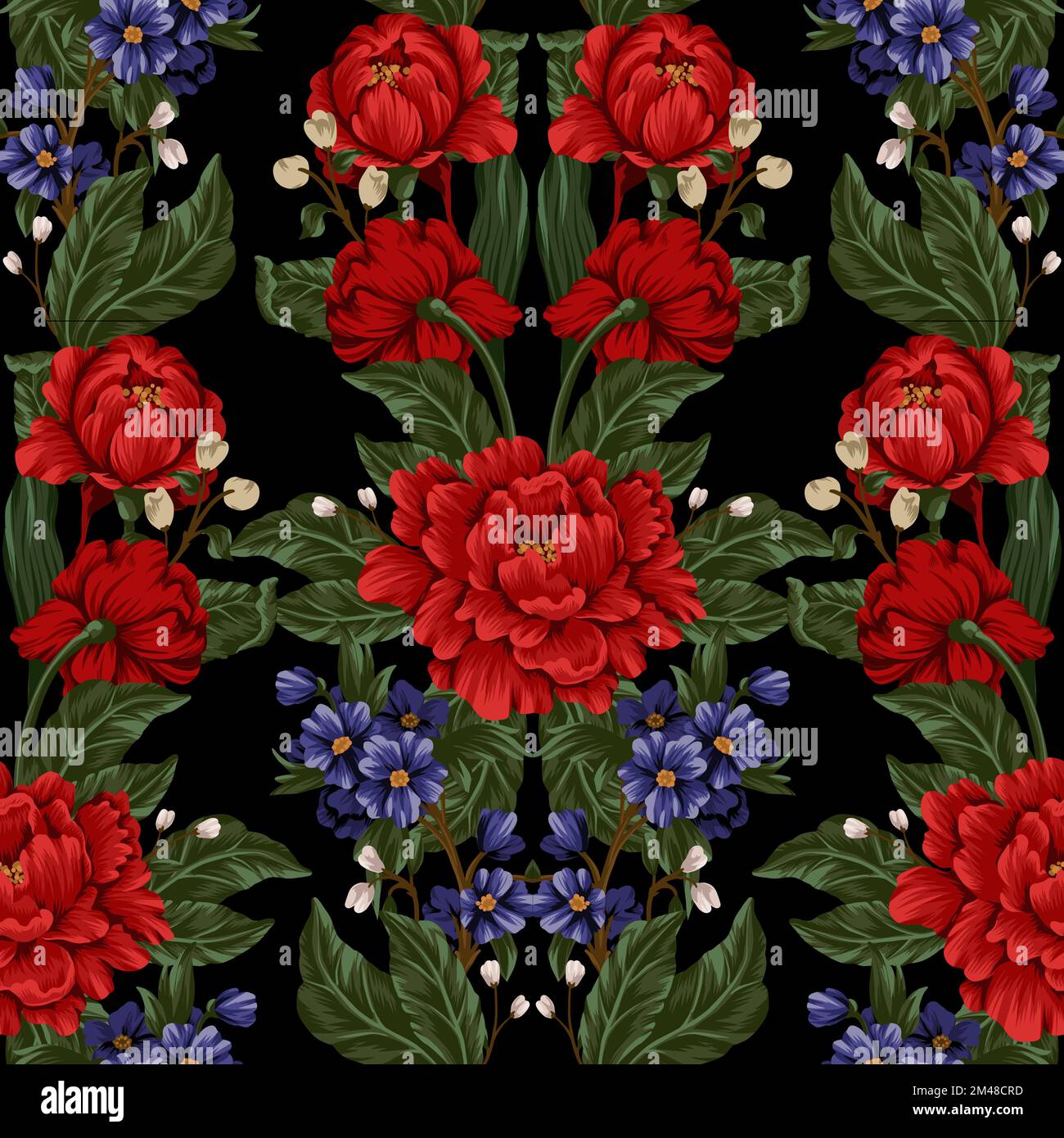 Seamless pattern with red peonies and small flowers. Vector. Stock Vector