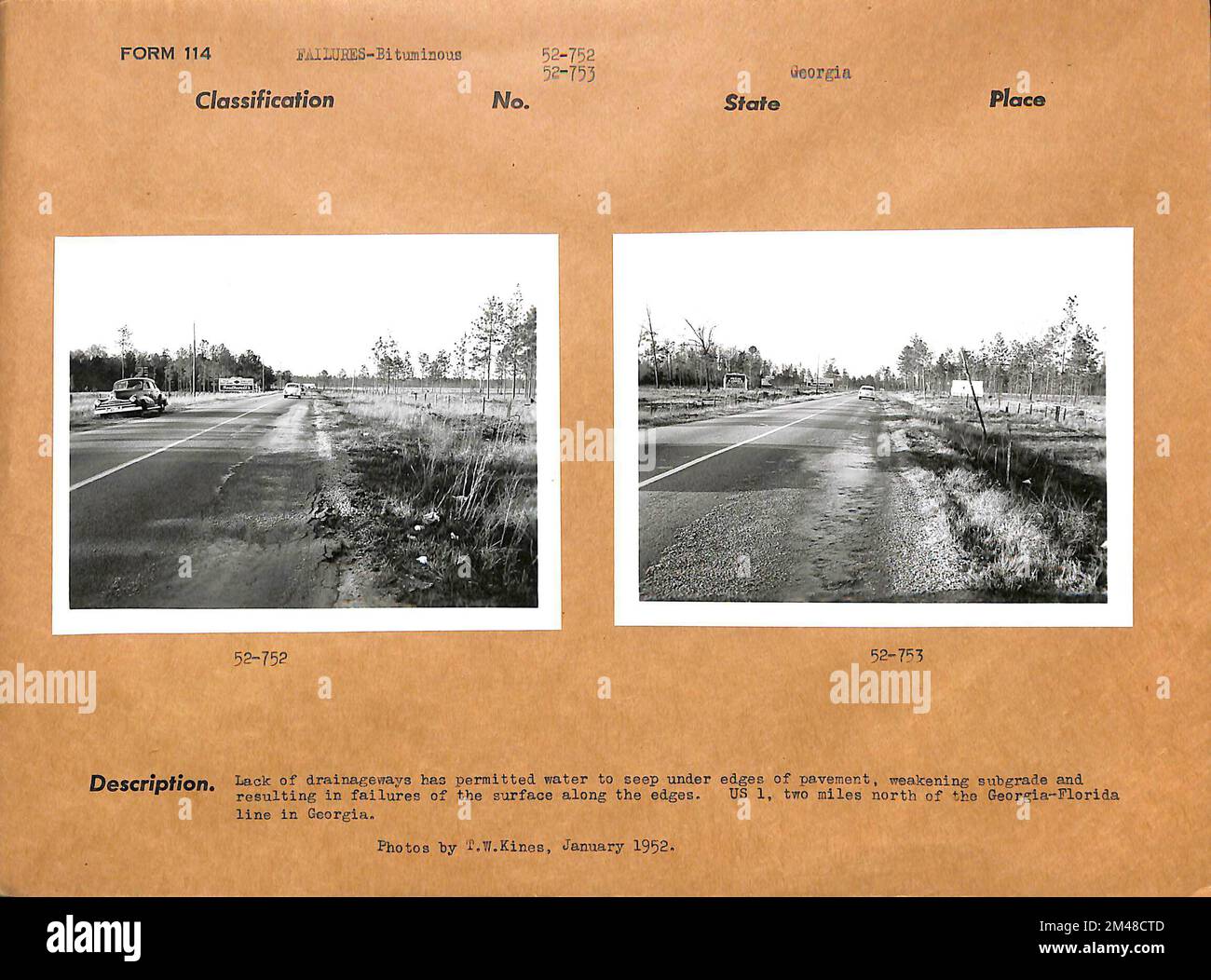 Failure on shoulder due to lack of drainage, Georgia. Original caption: Lack of drainageways has permitted water to seep under edges of pavement, weakening subgrade and resulting in failures of the surface along the edges. US 1, two miles north of the Georgia-Florida line in Georgia. Photo by T. W. Kines, January 1952. State: Georgia. Stock Photo