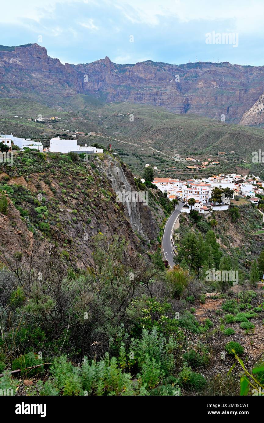 View of picturesque Village of San Bartolomé de Tirajana with white houses in the mountains, Gran Canaria Stock Photo