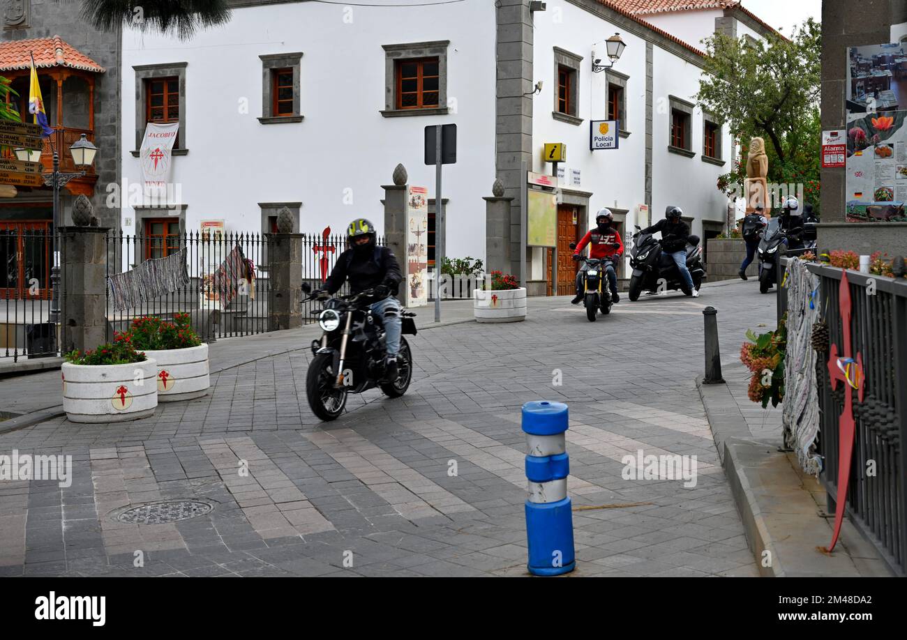 Motorcyclists meet up in picturesque mountain village of San Bartolomé de Tirajana, Gran Canaria Stock Photo