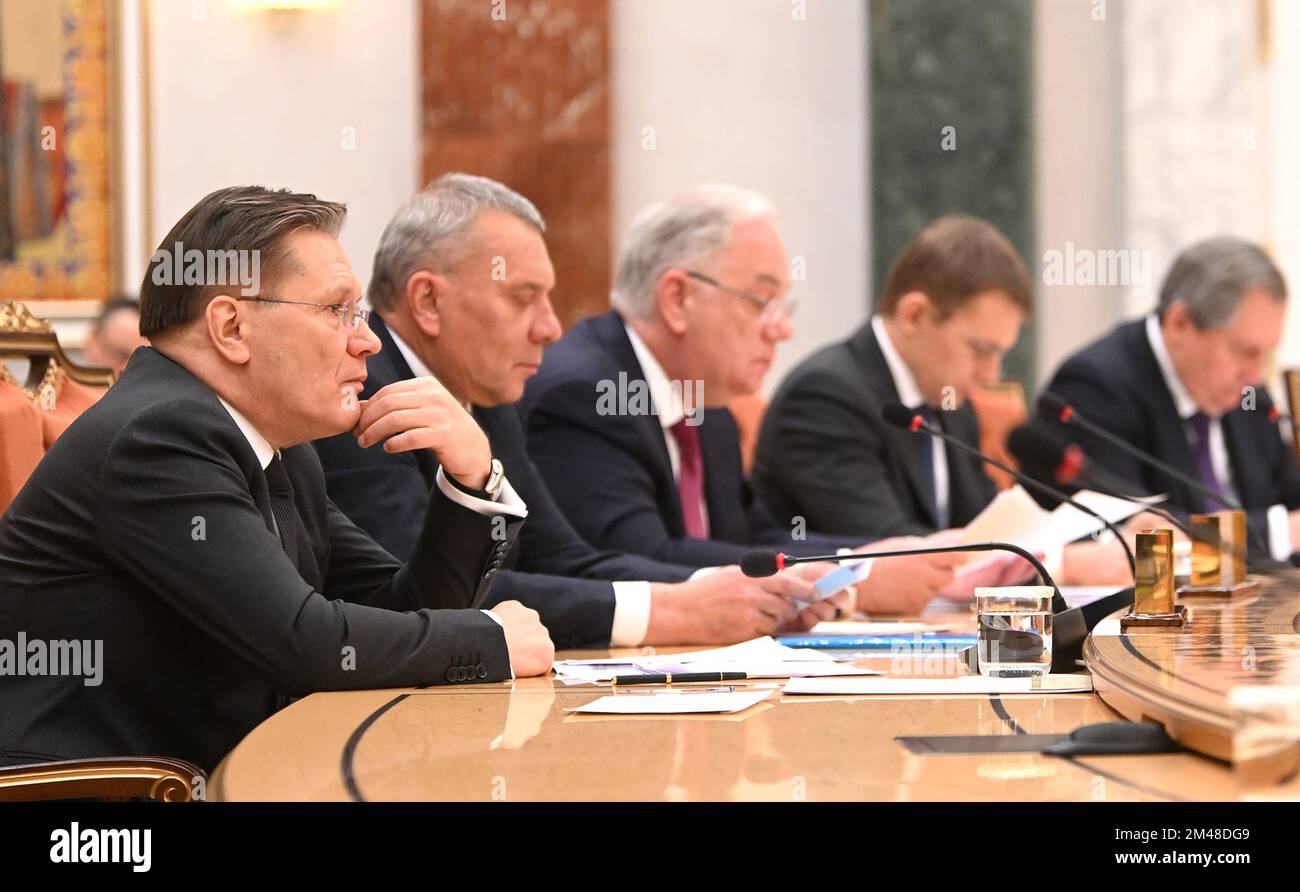 Minsk, Belarus. 19th Dec, 2022. Rosatom Director General Alexey Likhachev and Russian space agency Roscosmos head Yuri Borisov are seen during the meeting between Belarusian President Alexander Lukashenko and Russian President Vladimir Putin at the Palace of Independence in Minsk, Belarus, Monday, Dec. 19, 2022. President Putin arrives in Minsk for talks with his Belarusian President Alexander Lukashenko for the first time in three and a half years. Photo by Kremlin Pool/UPI Credit: UPI/Alamy Live News Stock Photo