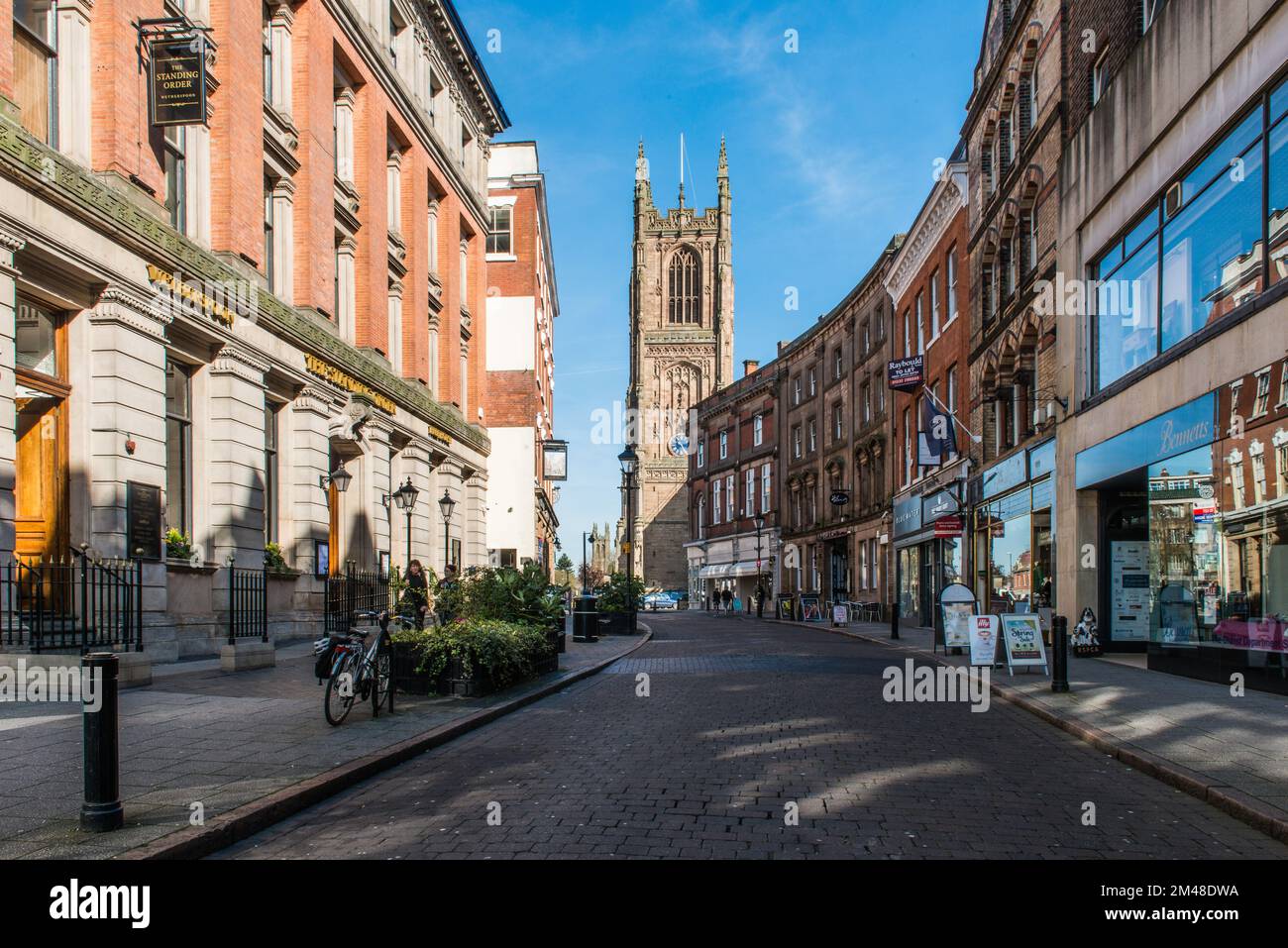 view of cathedral and iron gate in derby, East Midlands uk Stock Photo