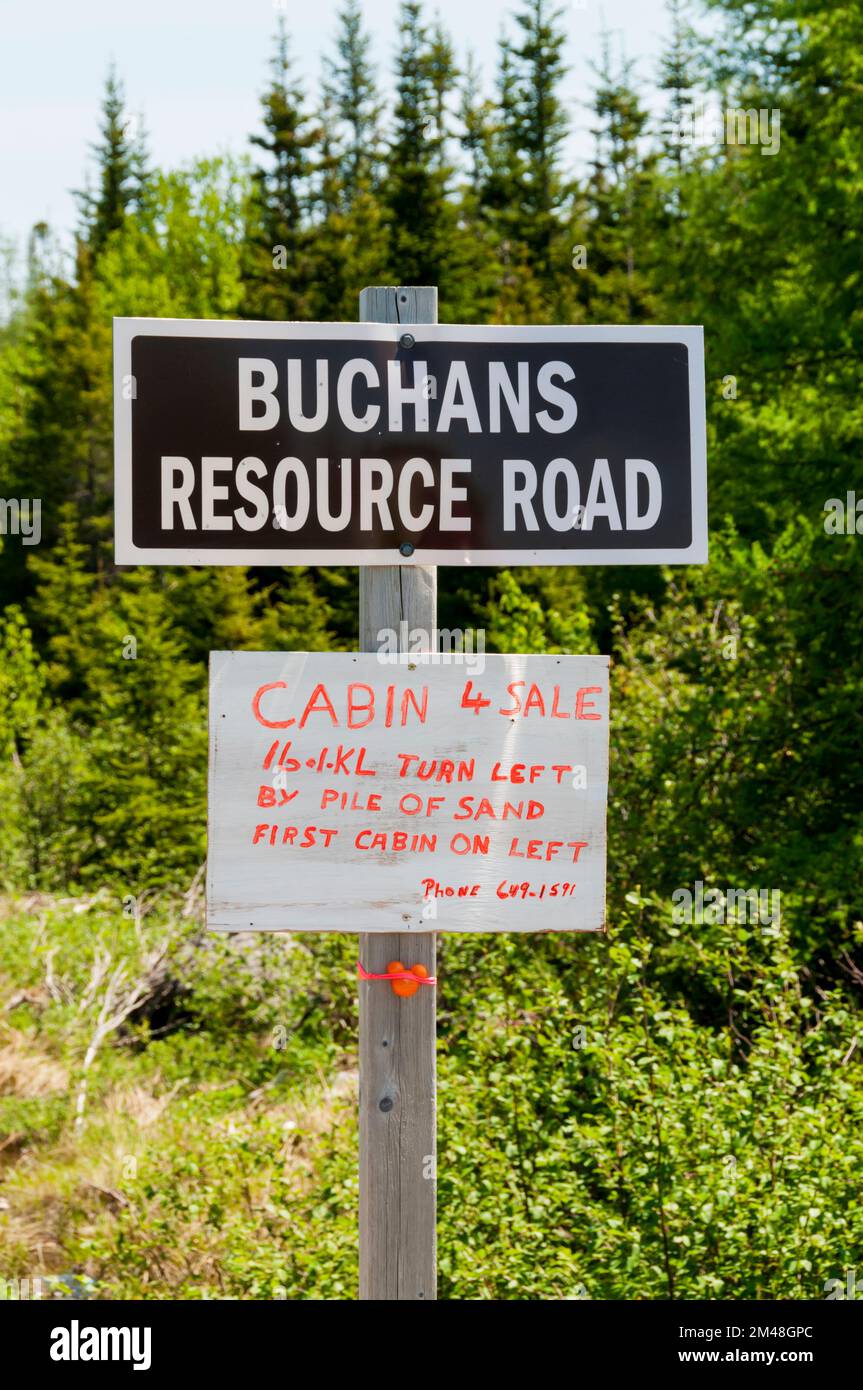 Cabin For Sale sign on Buchans Resource Road in central Newfoundland