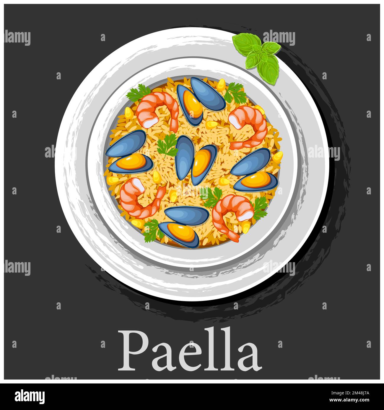 Paella with seafood. Traditional Spanish dish paella with shrimp. Latin American cuisine. Stock Vector