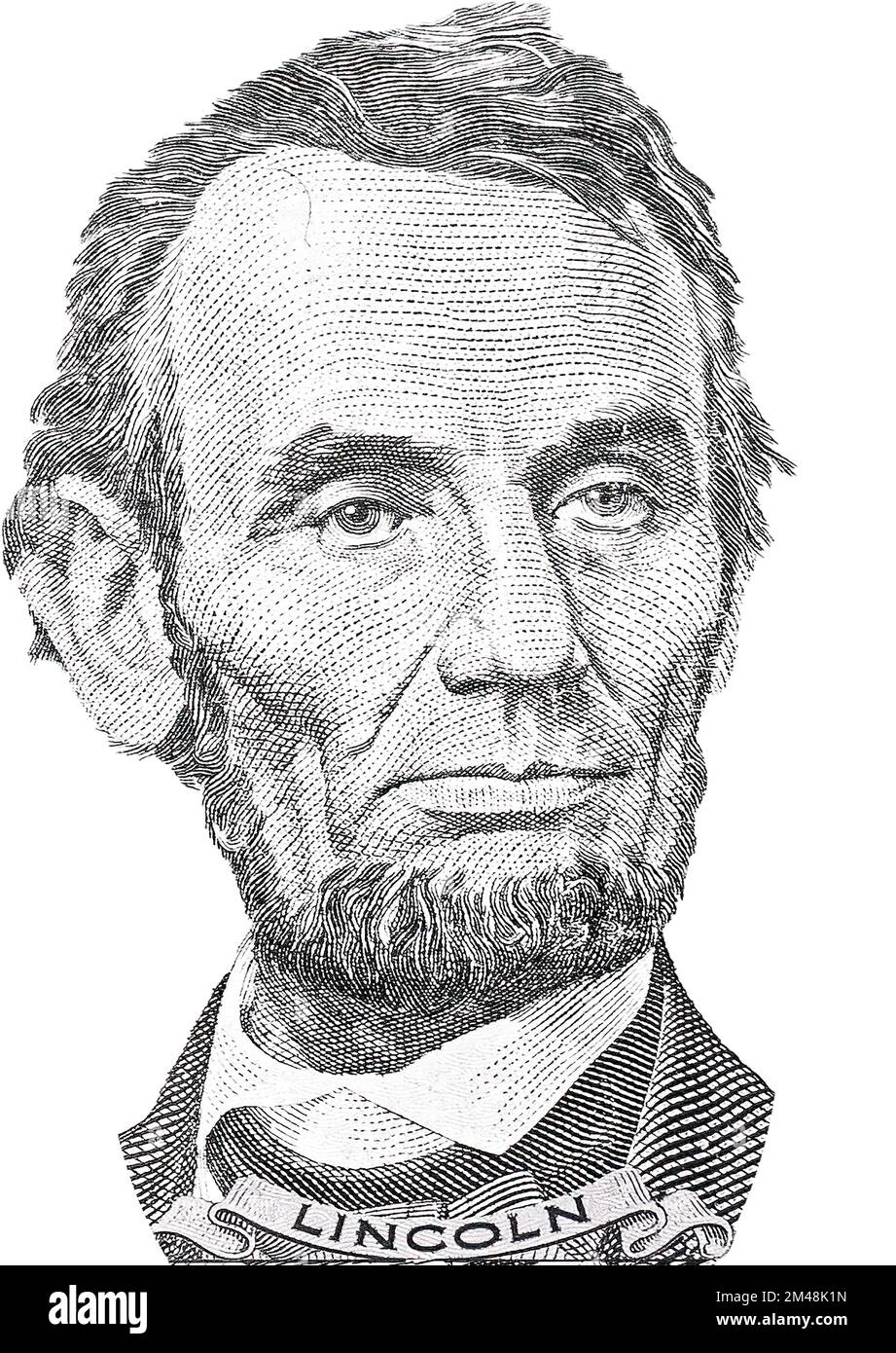 President Abraham Abe Lincoln face portrait on 5 dollar bill isolated, five usd, US money closeup Stock Photo