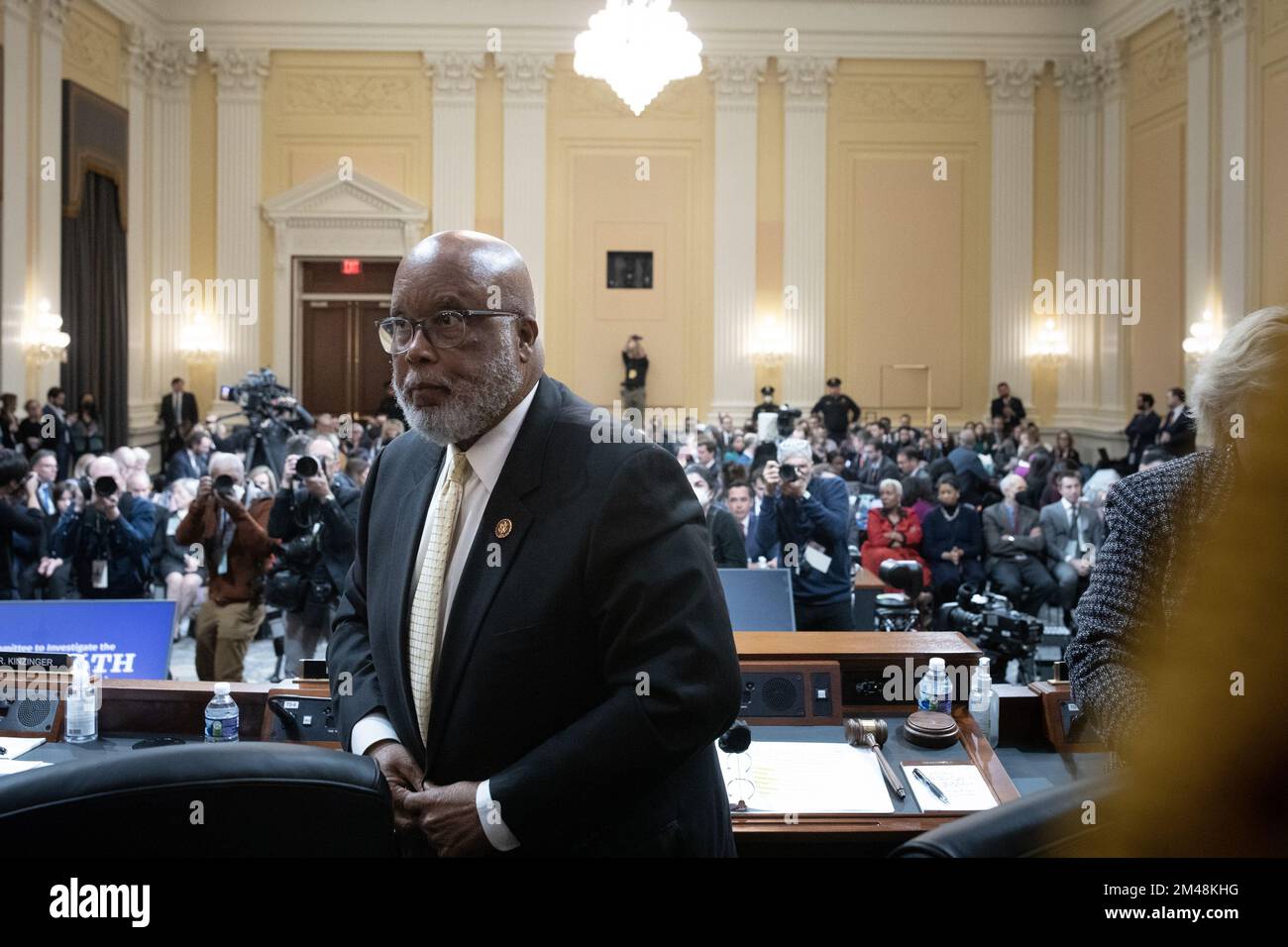 Washington, United States. 19th Dec, 2022. Committee Chairman Bennie Thompson, D-MS, leaves his seat after the House Select Committee investigating the Jan. 6 attack on the U.S. Capitol held its final public hearing to discuss the findings of an 18-month investigation, on Capitol Hill in Washington, DC on Monday, December 19, 2022. The Committee voted unanimously to recommend the Justice Department file criminal charges against former President Donald Trump and others. Pool photo by Tom Brenner/UPI Credit: UPI/Alamy Live News Stock Photo