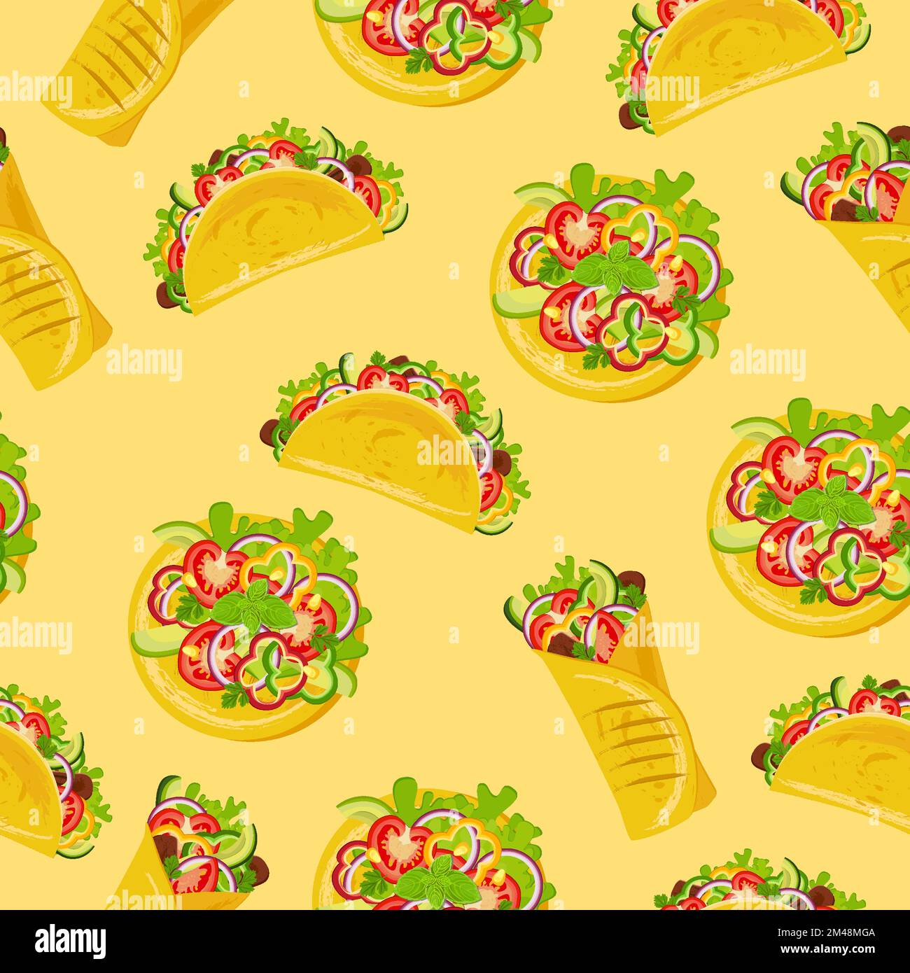 Seamless pattern with tacos, burritos and tostadas. Traditional Mexican