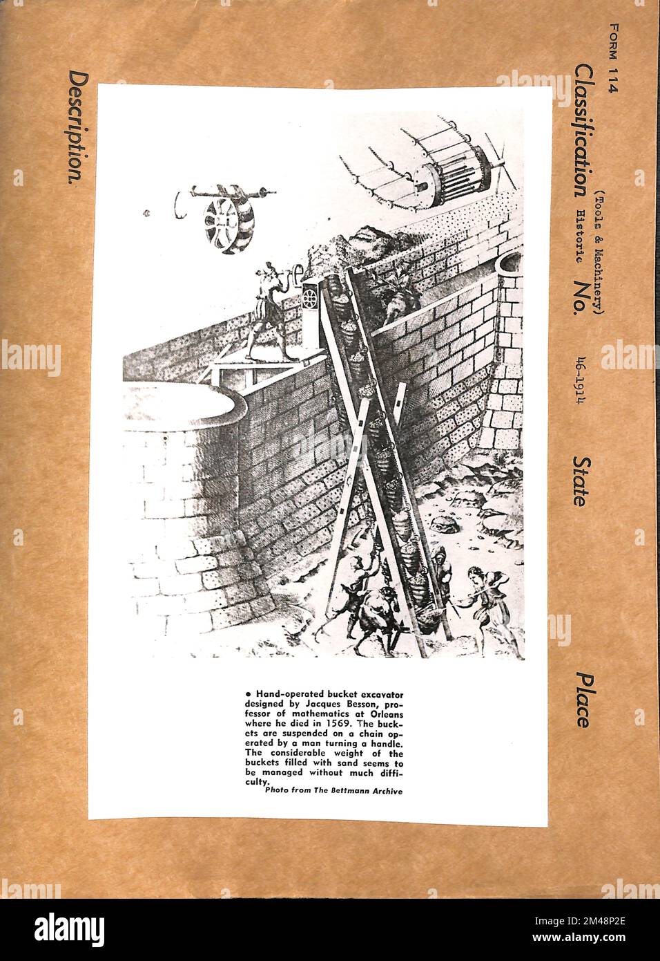 Hand-operated Bucket Excavator. Original caption: 'Hand-operated bucket excavator designed by Jacques Besson, professor of mathematics at Orleans where he died in 1569. The buckets are suspended on a chain operated by a man turning a handle. The considerable weight of the buckets filled with sand seems to be managed without much difficulty'. Stock Photo