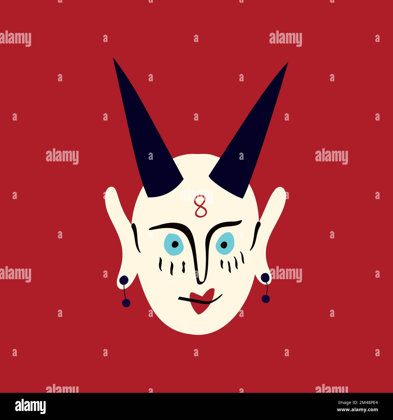 Funky demon head with a creepy ugly face. Freaky comic demon with horns. Vector illustration doodle style Stock Vector