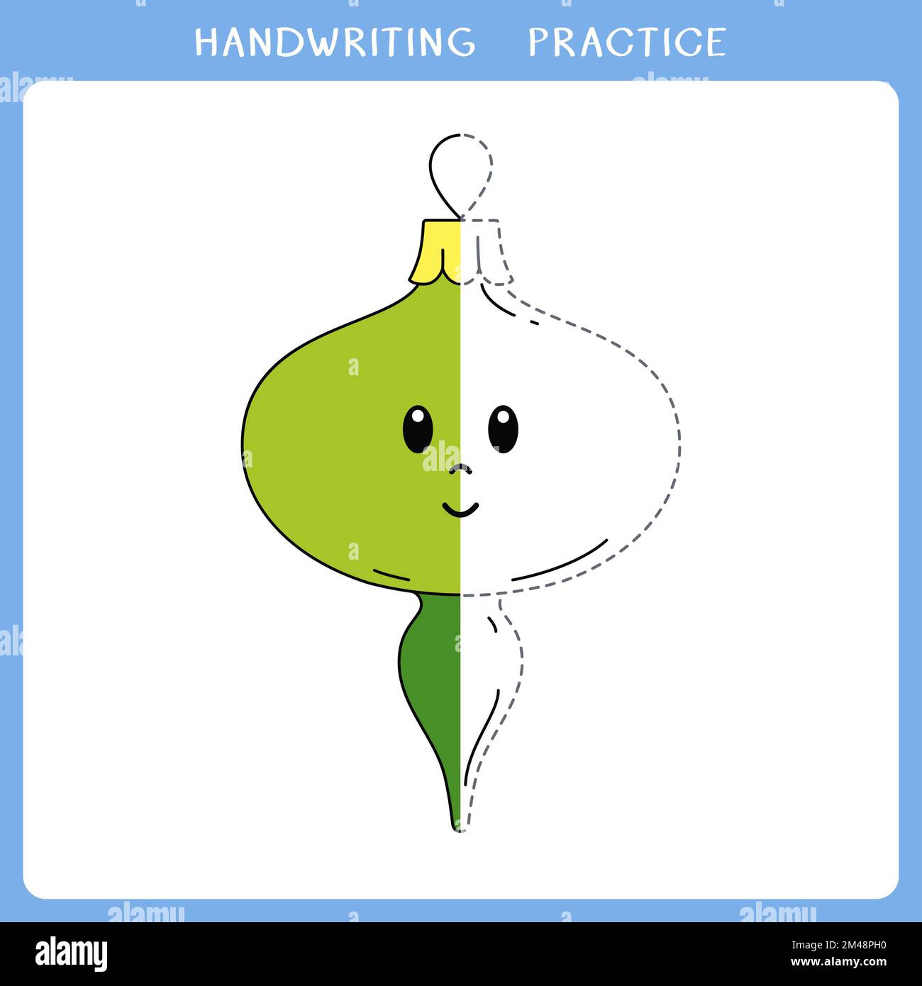 Handwriting practice sheet. Simple educational game for kids. Cute christmas bauble for coloring book Stock Photo